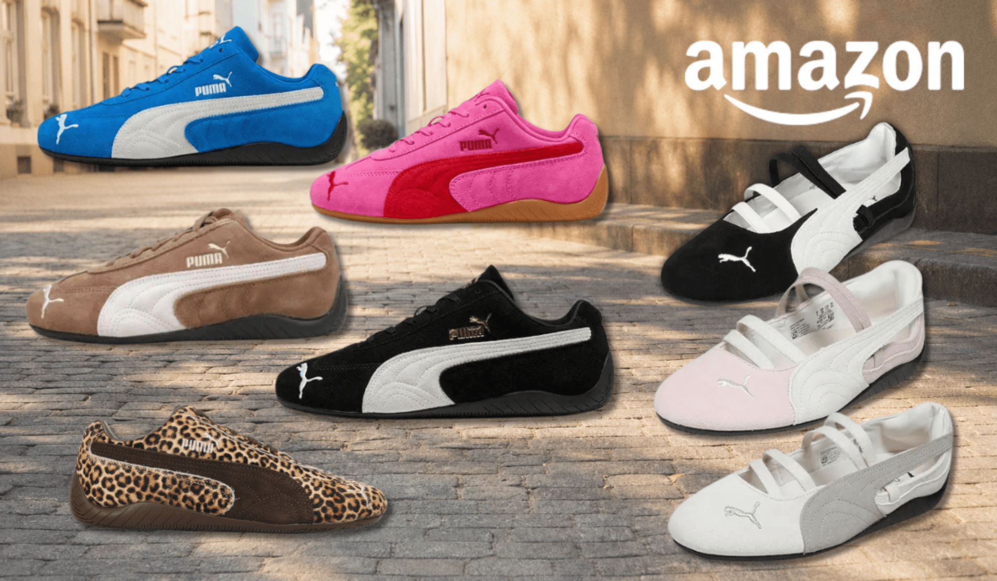 Die Puma Speedcats und Ballets in verschiedenen Colorways vor einem Straßen-Hintergrund.