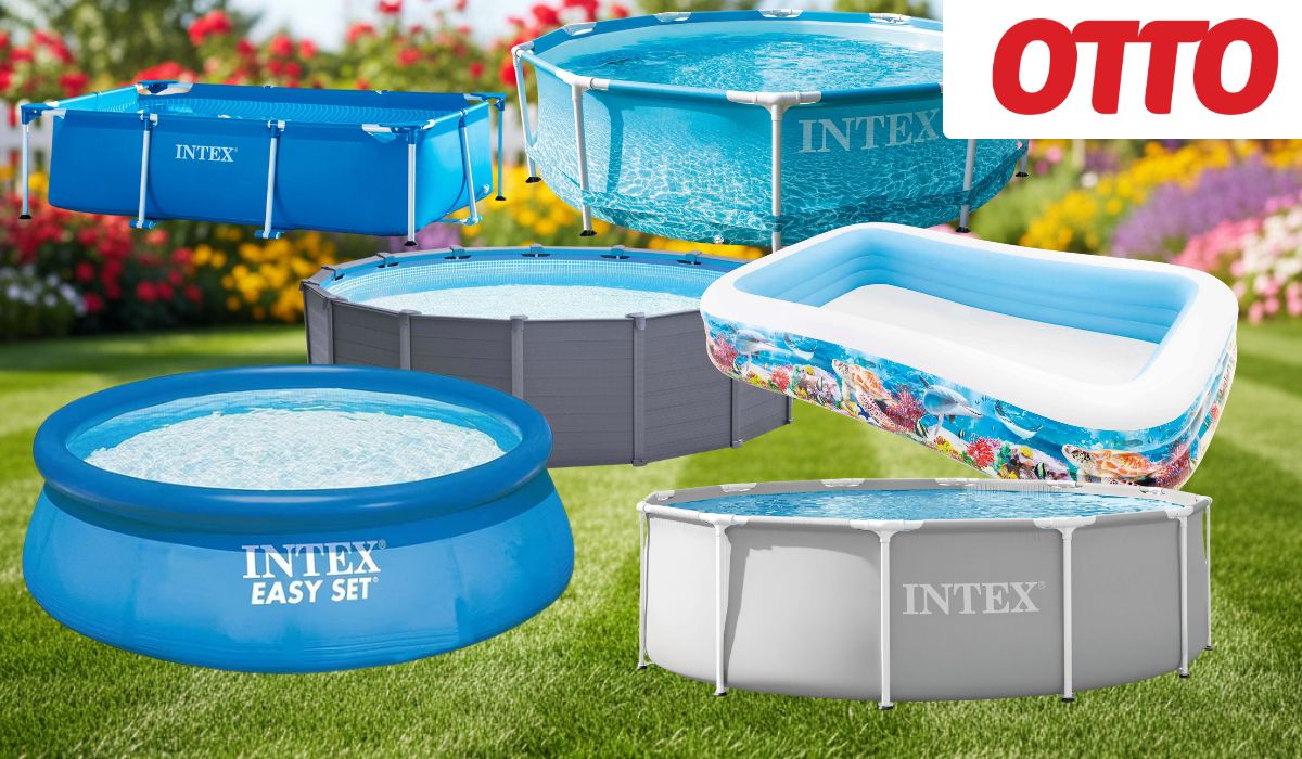 Fünf verschiedene Intex Pool-Modelle im Überblick beim OTTO Sale – darunter Metal Frame Rundpools, ein rechteckiger Framepool, der Intex Easy Set sowie ein aufblasbarer Familienpool mit buntem Ozean-Design.