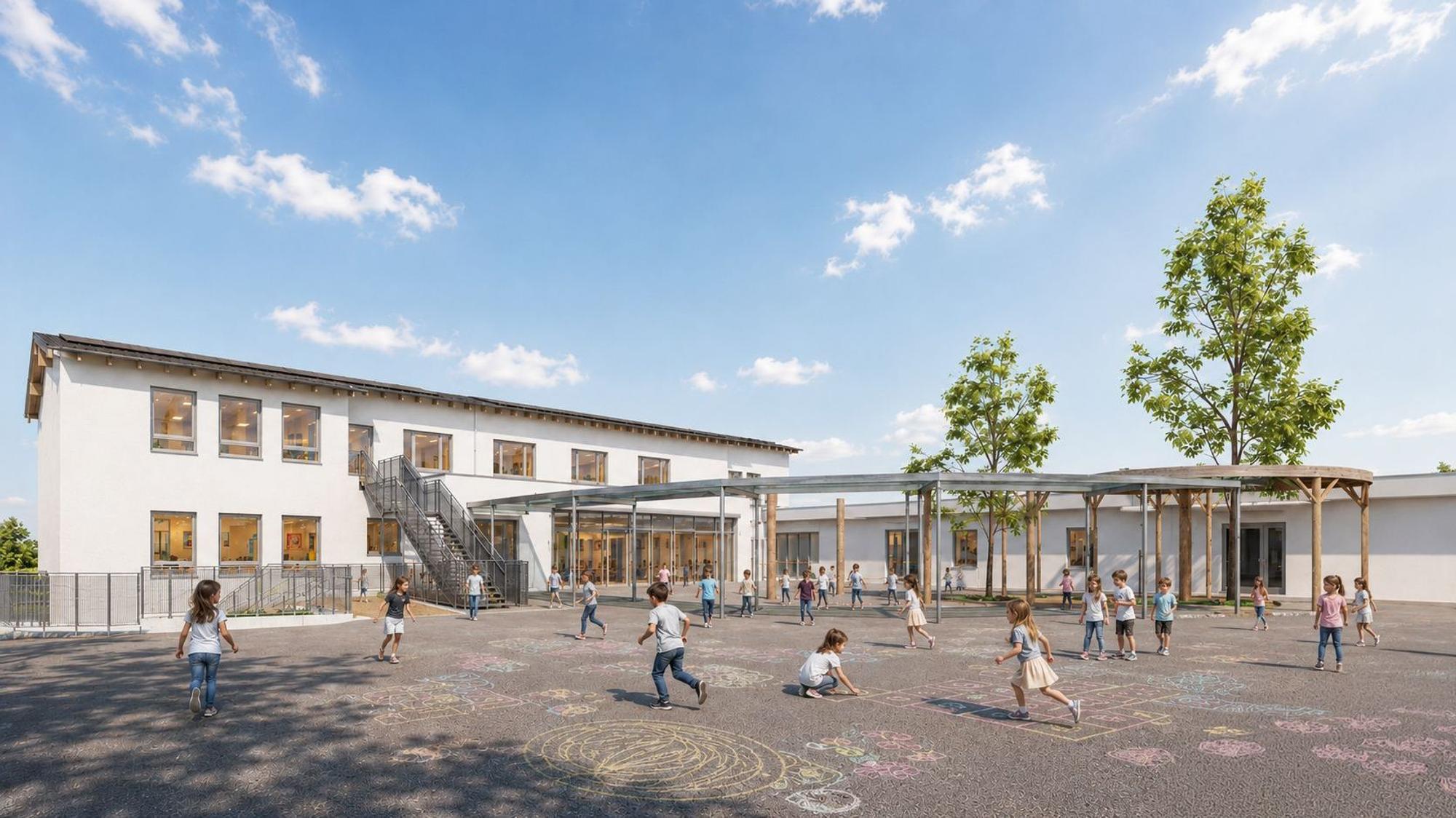 Visualisierung: Eine modernes Schulgebäude, davor ein Schulhof mit Kindern.