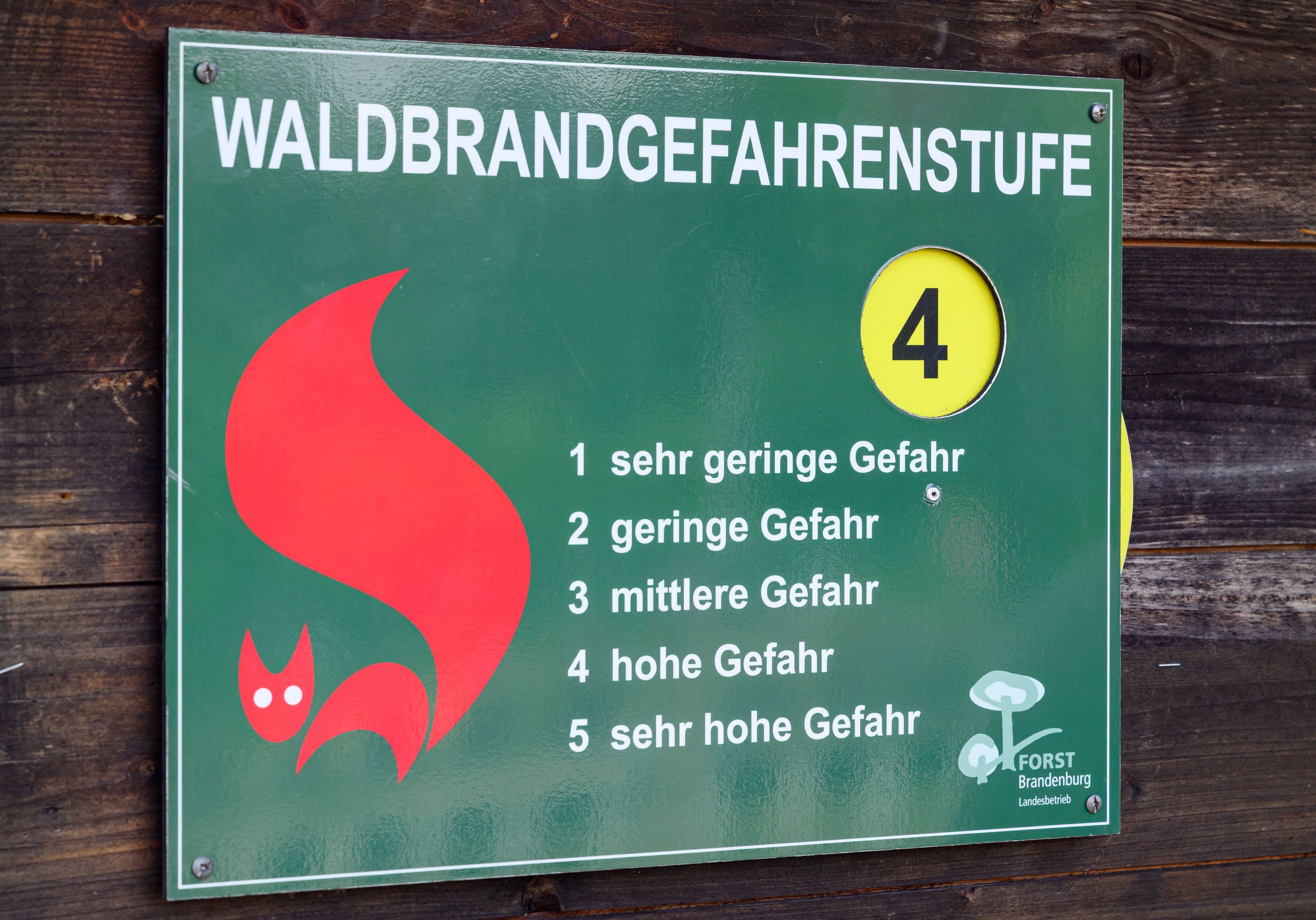 Ein Schild vom Landesbetrieb Forst Brandenburg mit den Waldbrandgefahrenstufen steht auf Stufe 4 – hohe Gefahr. Diese Stufe gilt zurzeit auch in Köln.