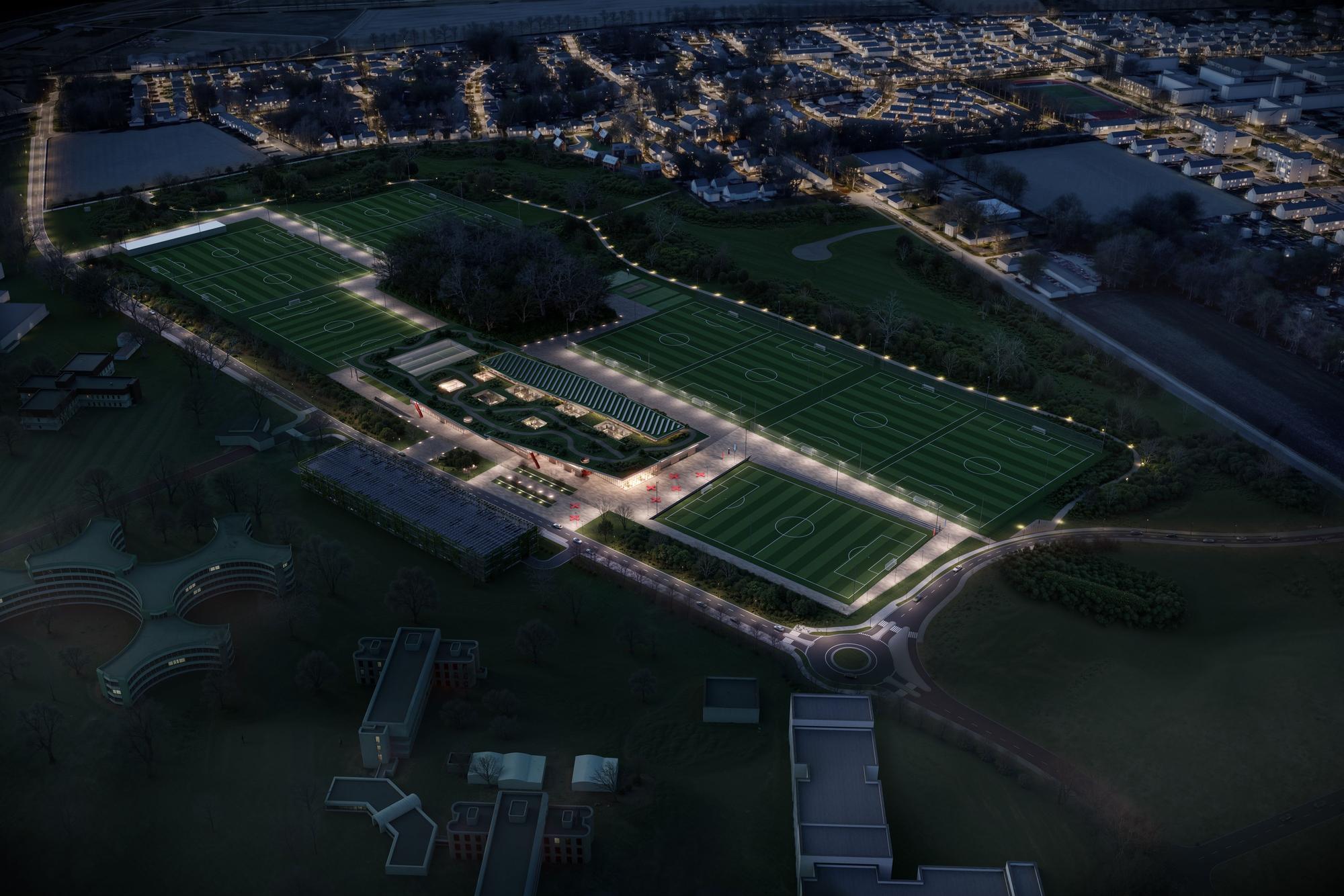 Eine Visualisierung des Bayer04-Campus im Monheimer Süden bei Nacht.