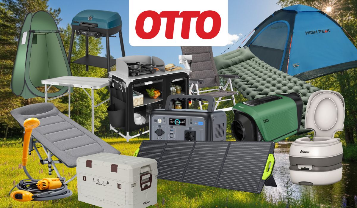 Produktcollage zum OTTO Camping-Sale mit blauem Rabatt-Button „Bis -73% zur UVP" und OTTO-Logo. Zu sehen sind verschiedene Camping-Produkte, darunter ein High Peak Kuppelzelt, ein faltbarer Campingstuhl, ein Klapptisch, eine mobile Campingküche, ein Gasgrill, eine selbstaufblasbare Isomatte, ein Feldbett, eine Camping-Klimaanlage, eine Powerstation von OUKITEL, ein faltbares Solarpanel, eine Kühlbox von NILS sowie eine portable Toilette von Enders – alles vor einem sommerlichen Waldwiesen-Hintergrund.