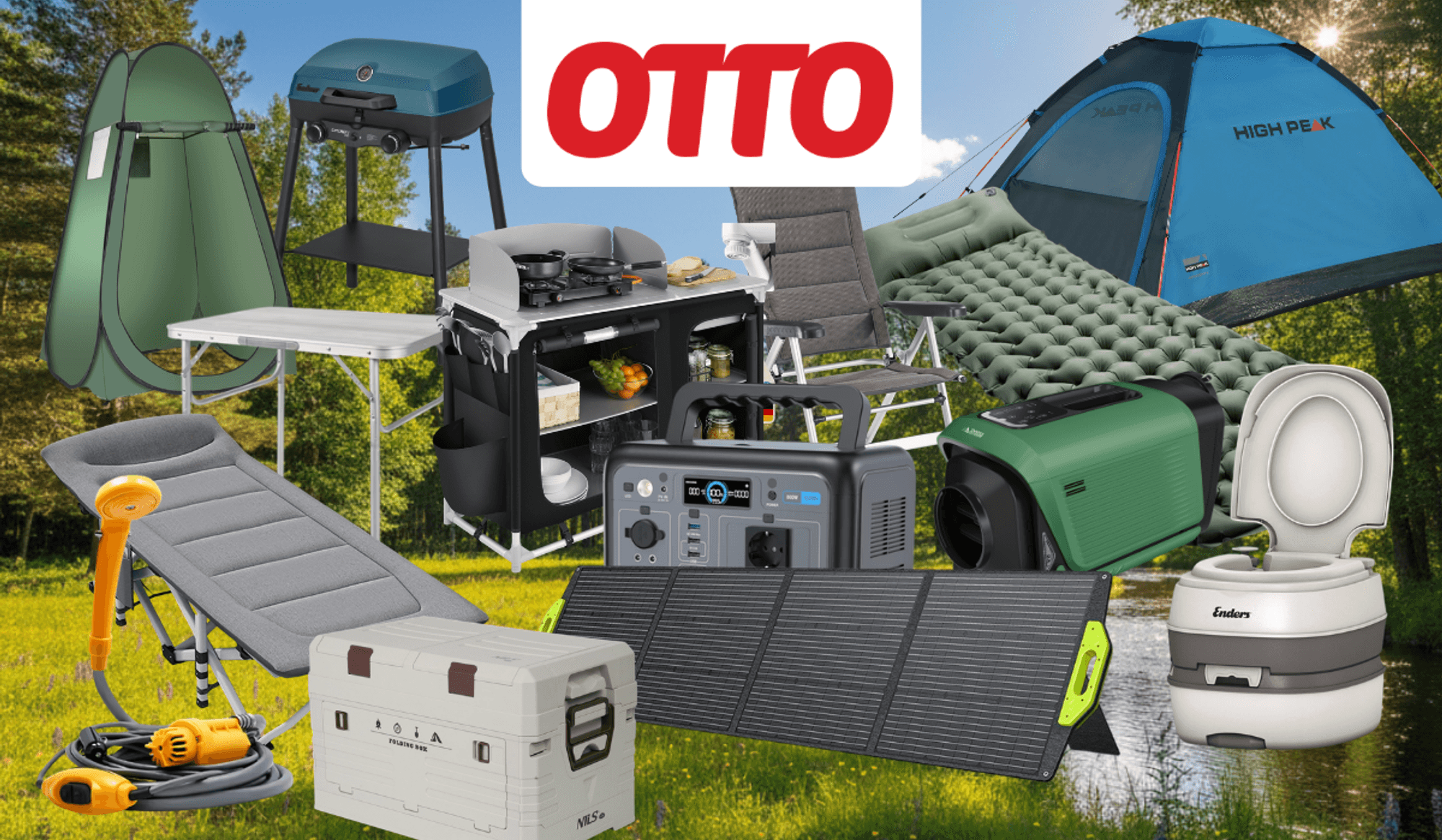 Produktcollage zum OTTO Camping-Sale mit blauem Rabatt-Button „Bis -73% zur UVP" und OTTO-Logo. Zu sehen sind verschiedene Camping-Produkte, darunter ein High Peak Kuppelzelt, ein faltbarer Campingstuhl, ein Klapptisch, eine mobile Campingküche, ein Gasgrill, eine selbstaufblasbare Isomatte, ein Feldbett, eine Camping-Klimaanlage, eine Powerstation von OUKITEL, ein faltbares Solarpanel, eine Kühlbox von NILS sowie eine portable Toilette von Enders – alles vor einem sommerlichen Waldwiesen-Hintergrund.
