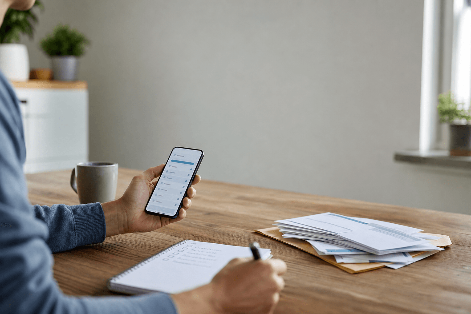 Eine Person sitzt am Tisch und schaut auf ein Smartphone mit einer neutralen Vergleichsansicht; daneben liegen Unterlagen und eine Checkliste rund um Krankenkassenleistungen und Bonusprogramme.