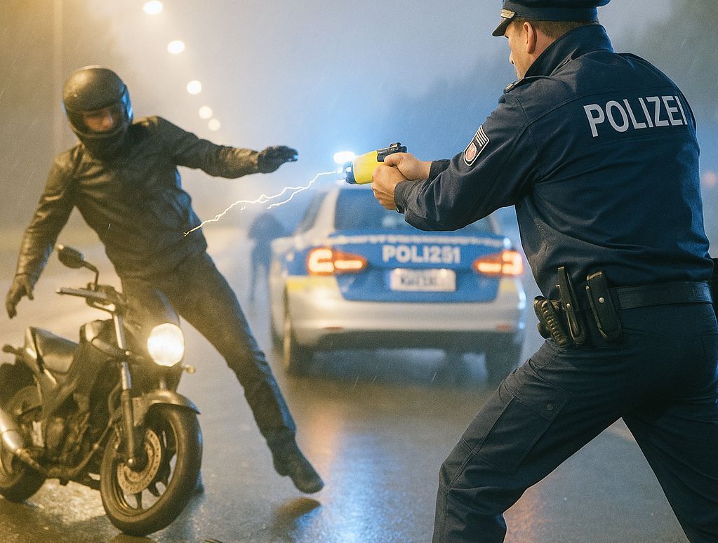 Dieses KI-generierte Bild stellt eine Festnahme mit einem Taser nach.