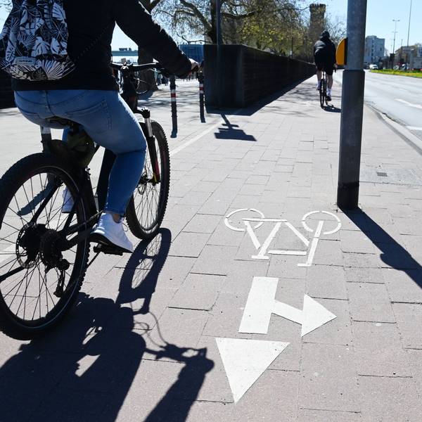 Ein Radfahrer fährt am Rheinufer in der Kölner Altstadt entlang. (Archivbild)