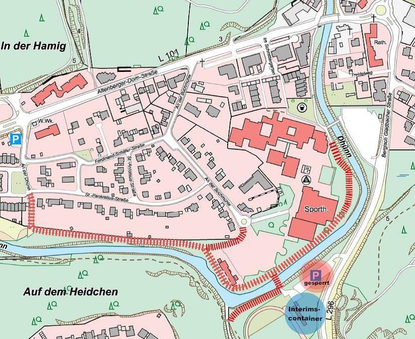 Ausschnitt aus einem Stadtplan für Odenthal mit gesperrten Straßen am Dhünntalstadion.