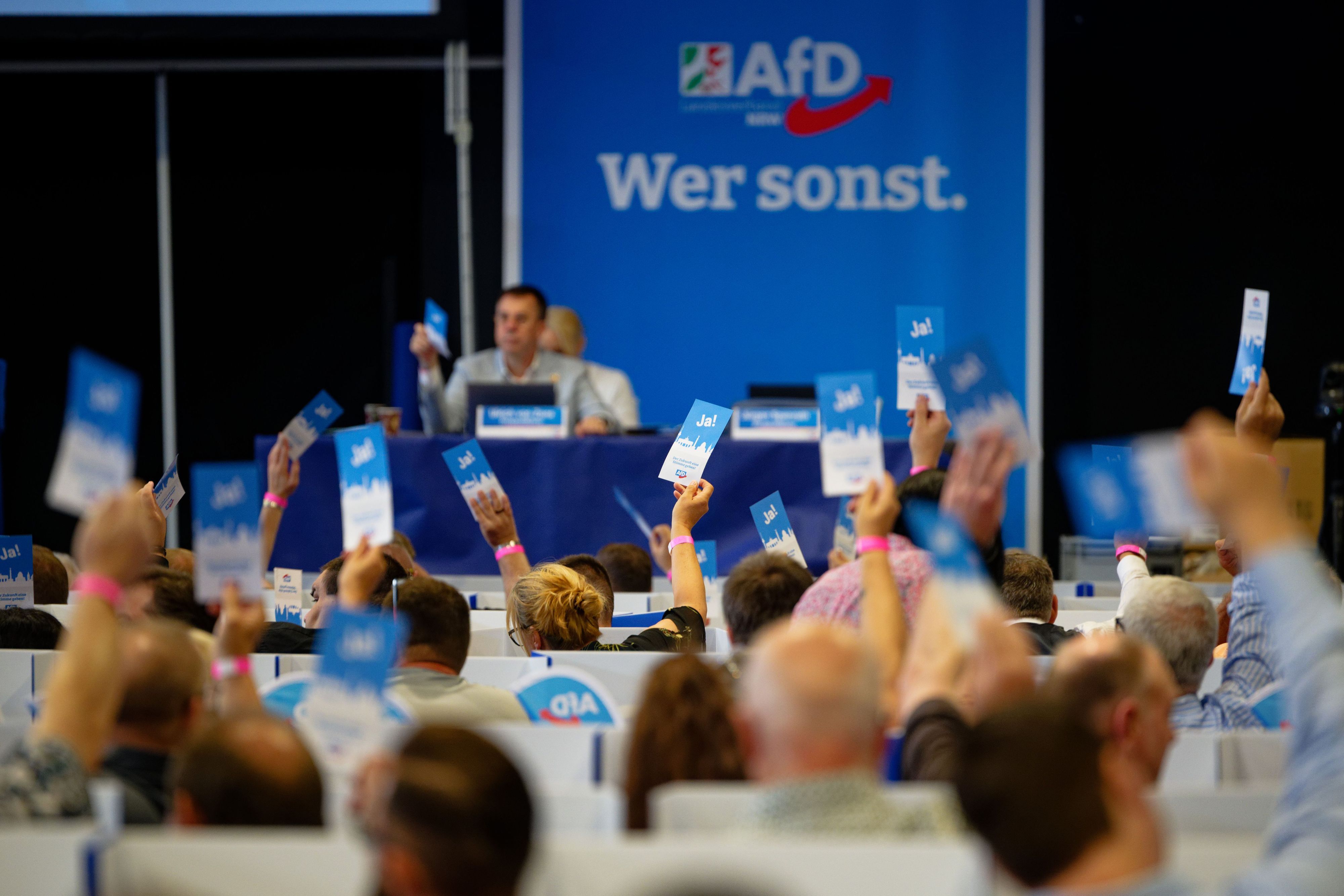 Delegierte stimmen beim Aufstellungsparteitag der AfD ab und halten Stimmkarten hoch.
