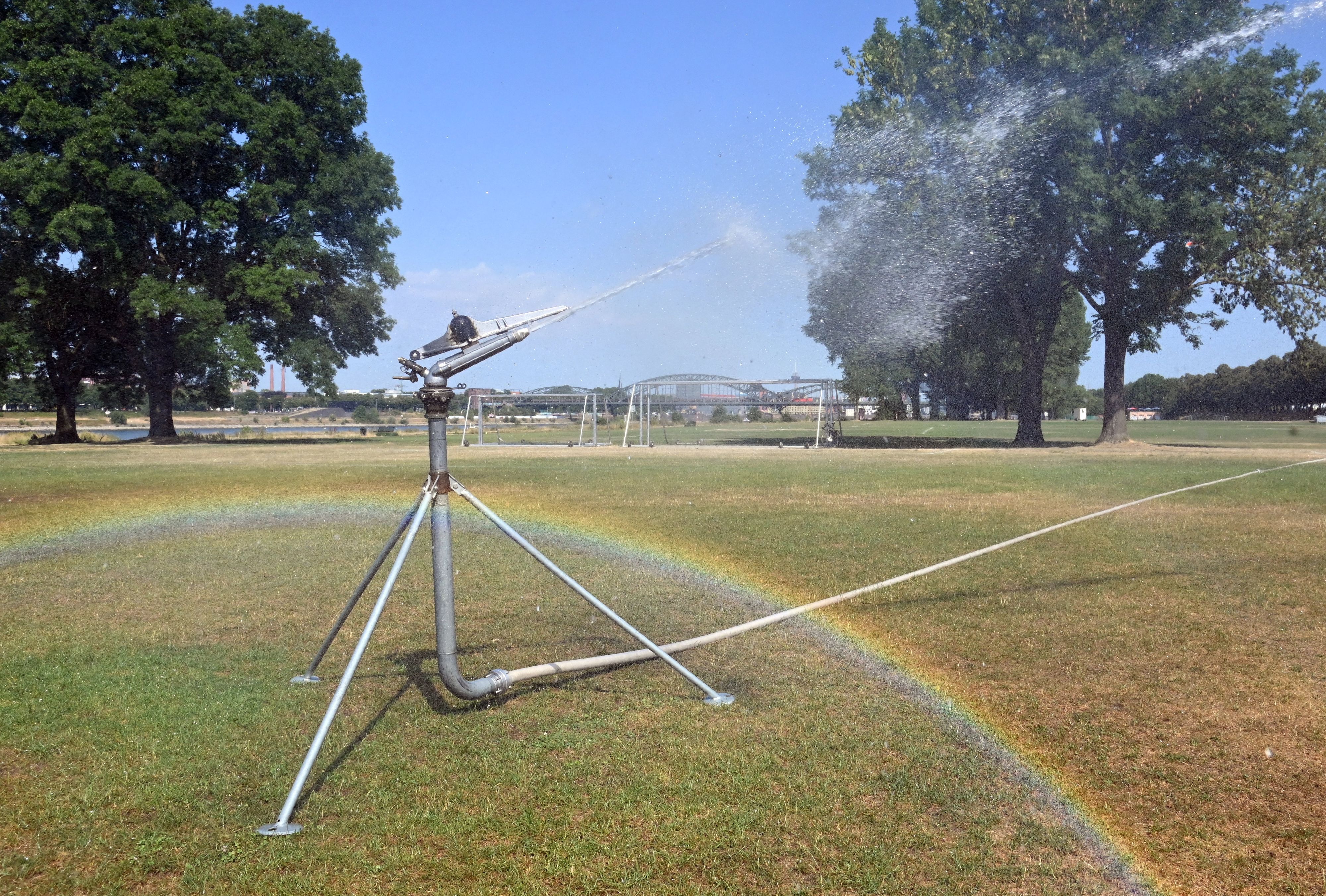 In Poll wird ein Fußballplatz gewässert.