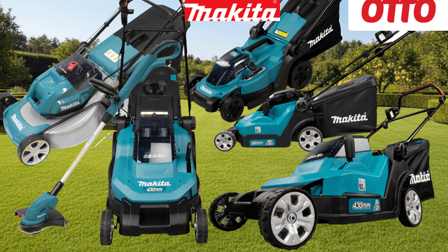Makita Akku-Rasenmäher und Akku-Rasentrimmers in Türkis-Schwarz vor großem, sauber gemähtem Rasen im Hintergrund, mit OTTO-Logo, Makita-Logo.