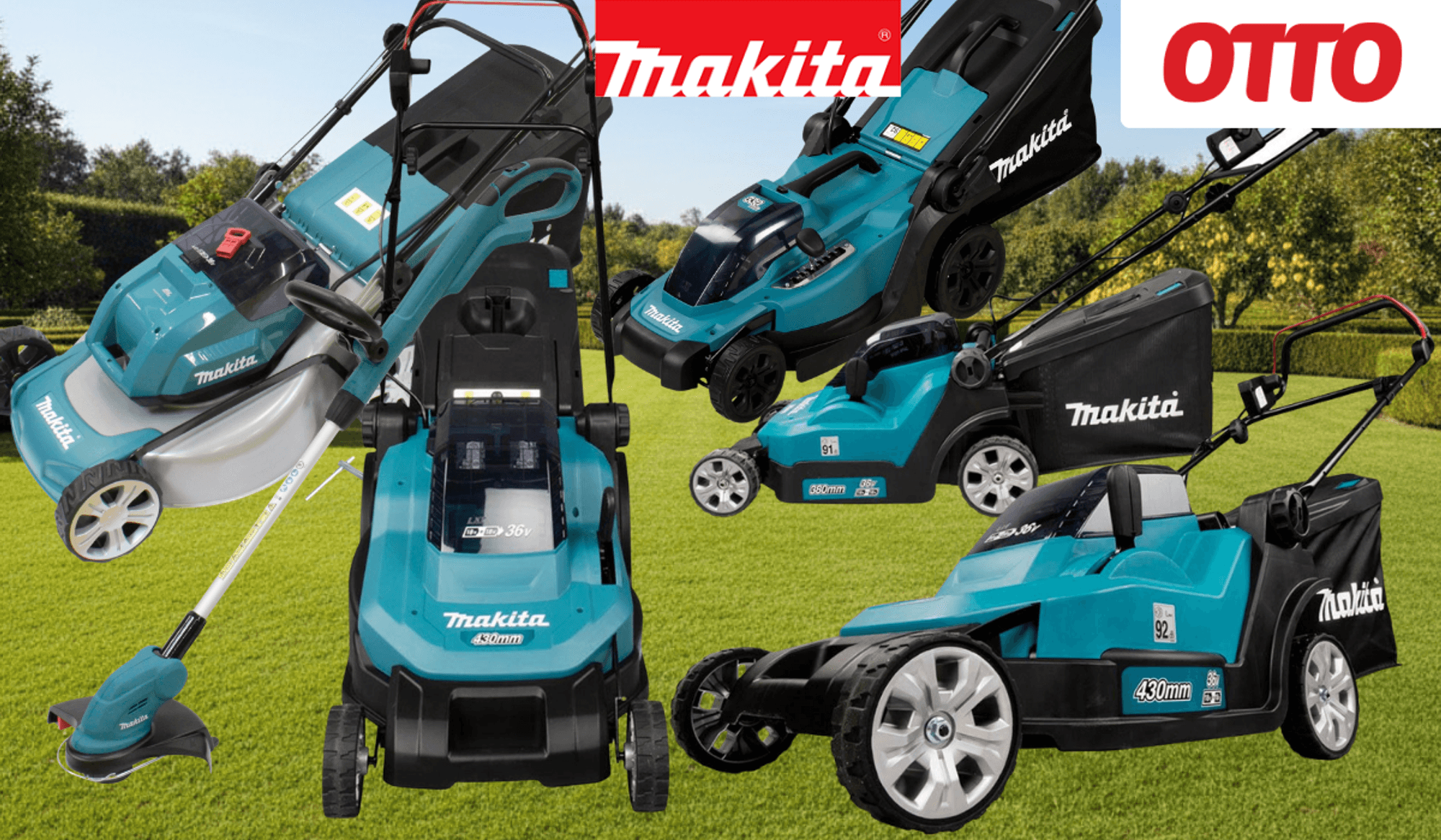 Makita Akku-Rasenmäher und Akku-Rasentrimmers in Türkis-Schwarz vor großem, sauber gemähtem Rasen im Hintergrund, mit OTTO-Logo, Makita-Logo.