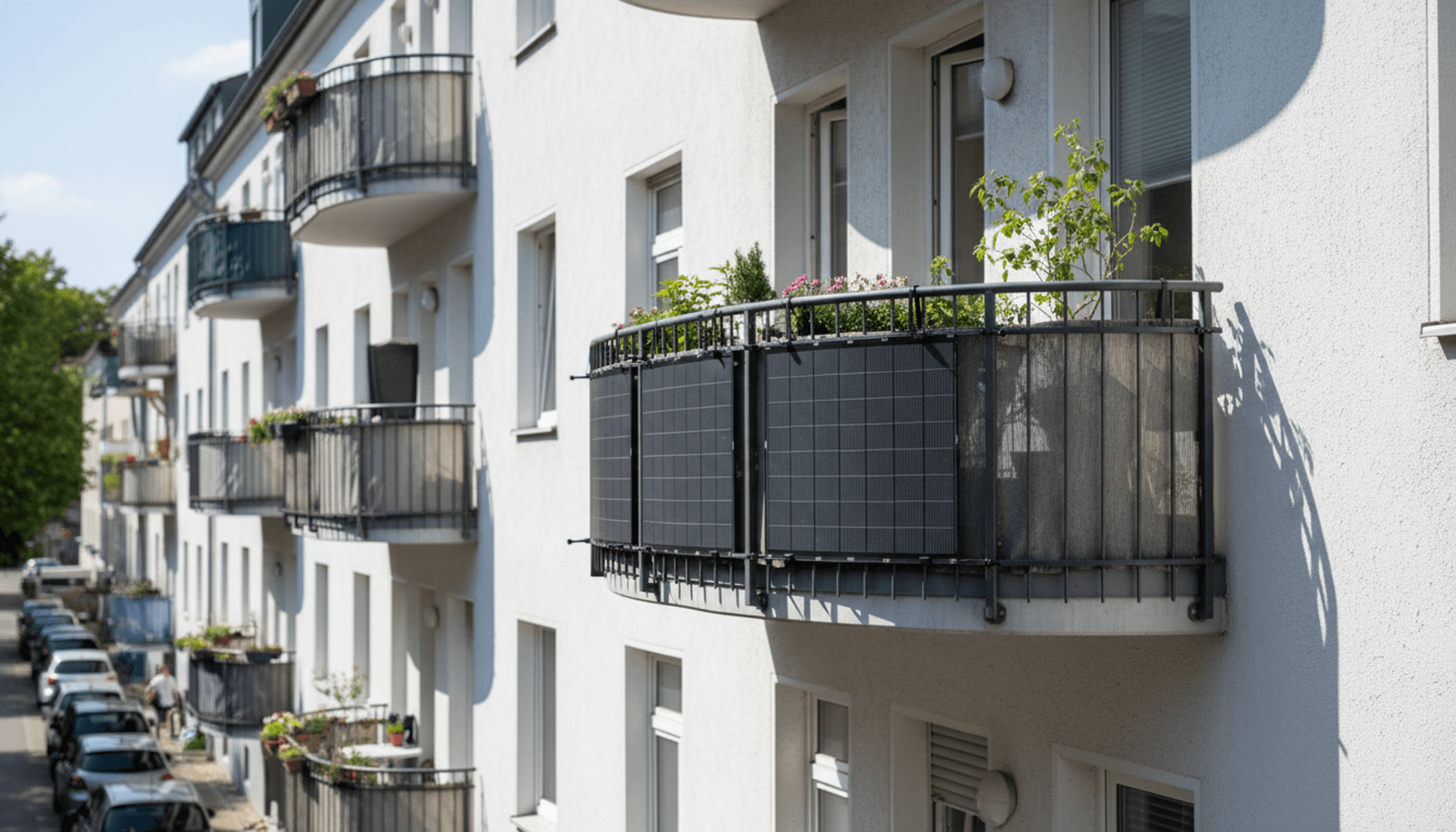 Flexible Solarmodule am geschwungenen Balkongeländer eines weißen Altbau-Mehrfamilienhauses in einer deutschen Stadtstraße, rahmenlose dunkle Panels, Topfpflanzen auf dem Balkon.