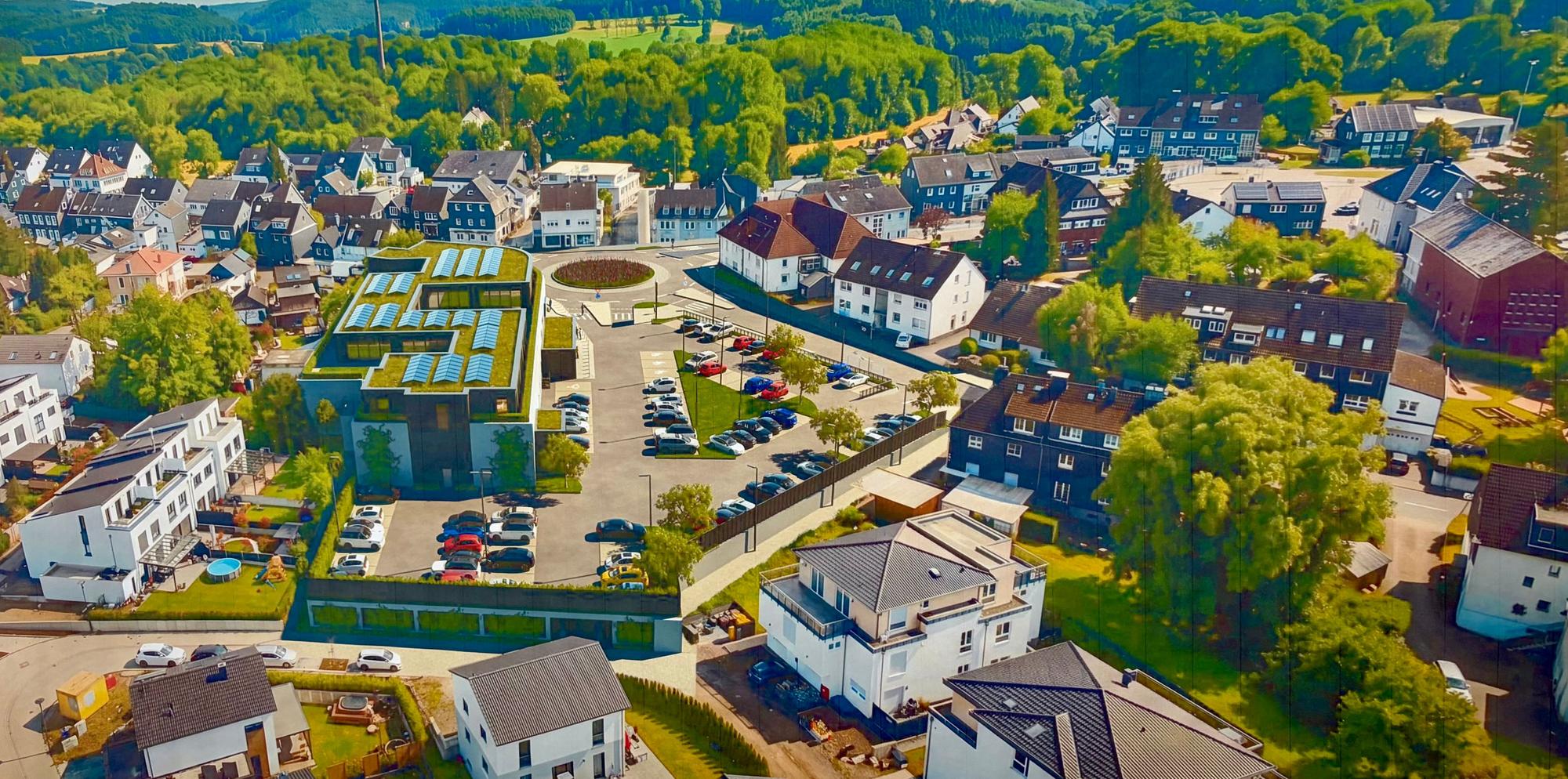 Skizze: der geplante Lidl aus der Vogelperspektive, im Vordergrund die Rosendelle