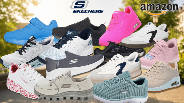 Skechers Sneaker in verschiedenen Farben (Schwarz, Weiß, Orange, Blau, Hellblau, Grau, Grün) vor einem Hintergrund eines Sportplatzes mit Wald im Hintergrund. Links oben das Amazon-Logo, daneben das Skechers-Logo.