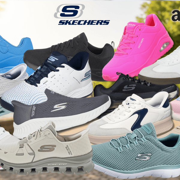 Skechers Sneaker in verschiedenen Farben (Schwarz, Weiß, Orange, Blau, Hellblau, Grau, Grün) vor einem Hintergrund eines Sportplatzes mit Wald im Hintergrund. Links oben das Amazon-Logo, daneben das Skechers-Logo.