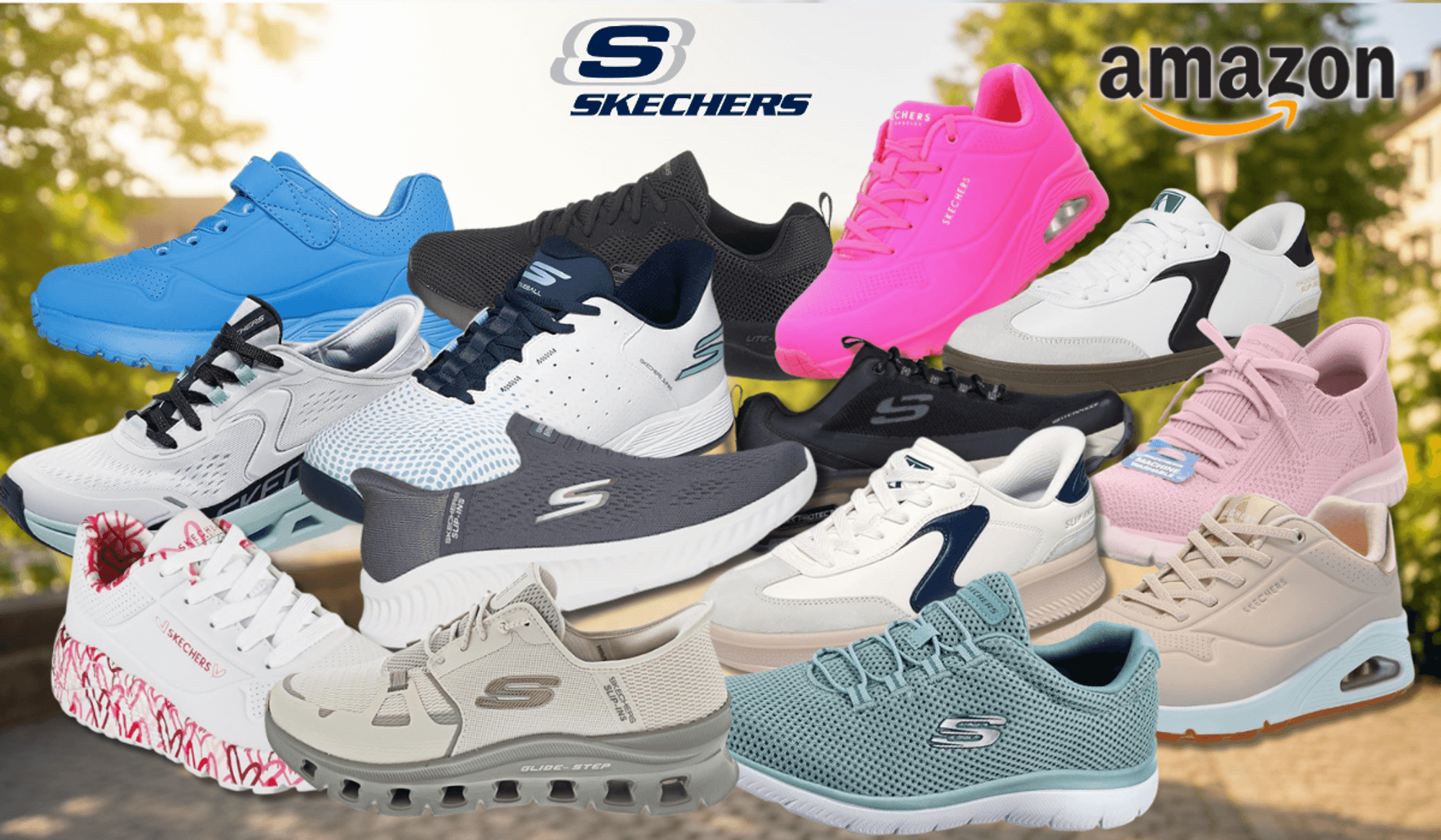 Skechers Sneaker in verschiedenen Farben (Schwarz, Weiß, Orange, Blau, Hellblau, Grau, Grün) vor einem Hintergrund eines Sportplatzes mit Wald im Hintergrund. Links oben das Amazon-Logo, daneben das Skechers-Logo.