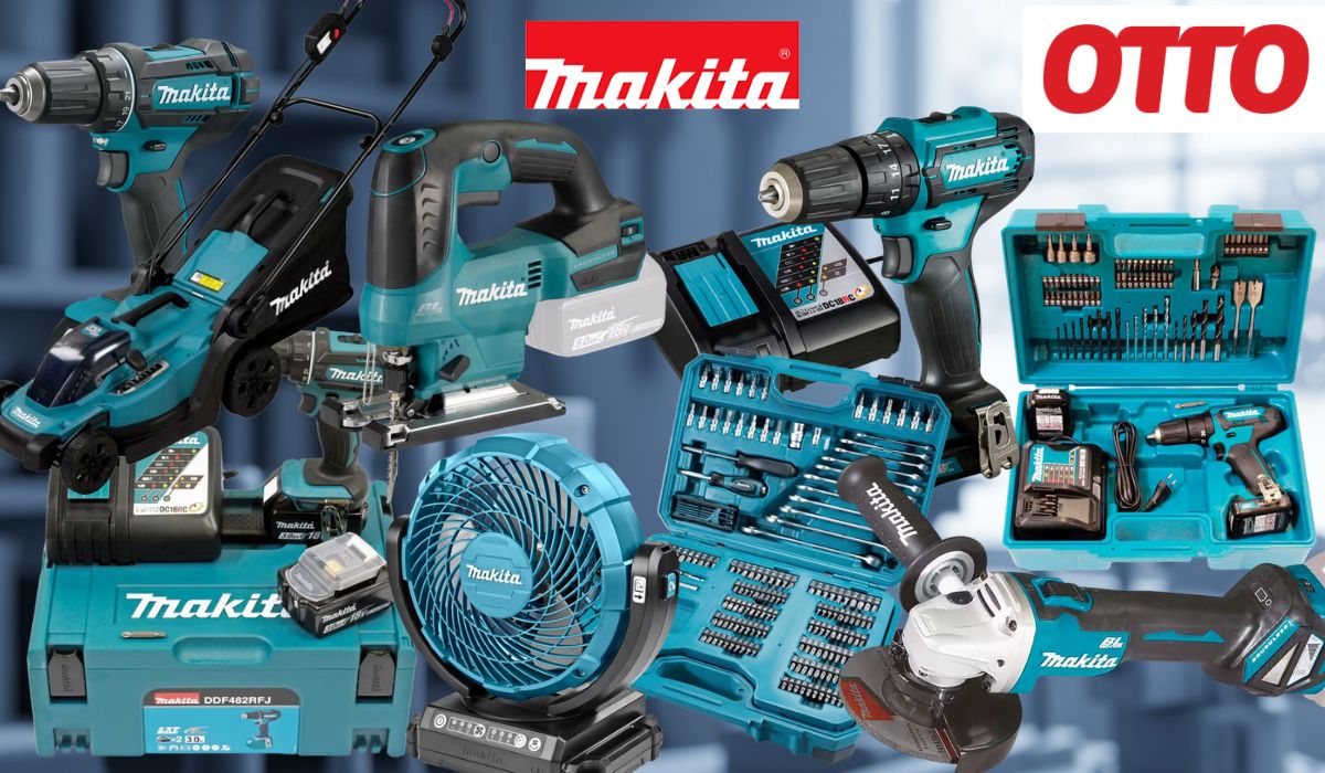 Collage verschiedener türkis-schwarzer Makita Werkzeuge und Zubehörsets (Akkubohrer, Schlagbohrmaschine, Stichsäge, Winkelschleifer, Bit- und Bohrer-Set, Akkus, Ladegerät sowie mehrere Makita Werkzeugkoffer) vor einem unscharfen industriellen Hintergrund. Links oben das rote OTTO-Logo und das türkise Makita-Logo. Rechts oben blauer Button mit der Aufschrift „Bis -60 % Rabatt zur UVP".