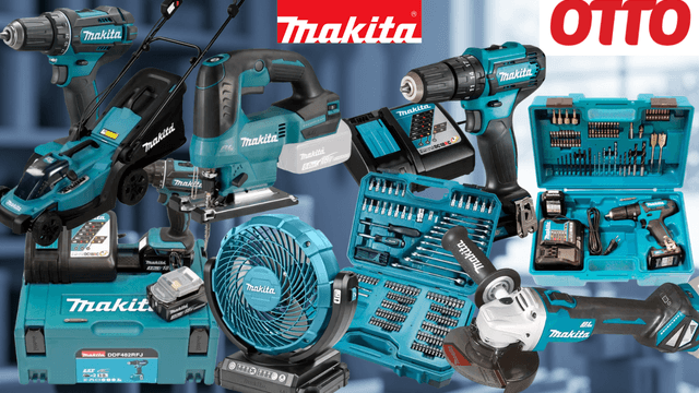 Collage verschiedener türkis-schwarzer Makita Werkzeuge und Zubehörsets (Akkubohrer, Schlagbohrmaschine, Stichsäge, Winkelschleifer, Bit- und Bohrer-Set, Akkus, Ladegerät sowie mehrere Makita Werkzeugkoffer) vor einem unscharfen industriellen Hintergrund. Links oben das rote OTTO-Logo und das türkise Makita-Logo. Rechts oben blauer Button mit der Aufschrift „Bis -60 % Rabatt zur UVP".
