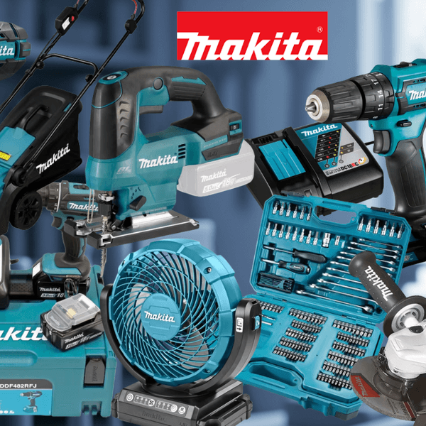 Collage verschiedener türkis-schwarzer Makita Werkzeuge und Zubehörsets (Akkubohrer, Schlagbohrmaschine, Stichsäge, Winkelschleifer, Bit- und Bohrer-Set, Akkus, Ladegerät sowie mehrere Makita Werkzeugkoffer) vor einem unscharfen industriellen Hintergrund. Rechts oben das rote OTTO-Logo, Mitte oben das Makita-Logo.