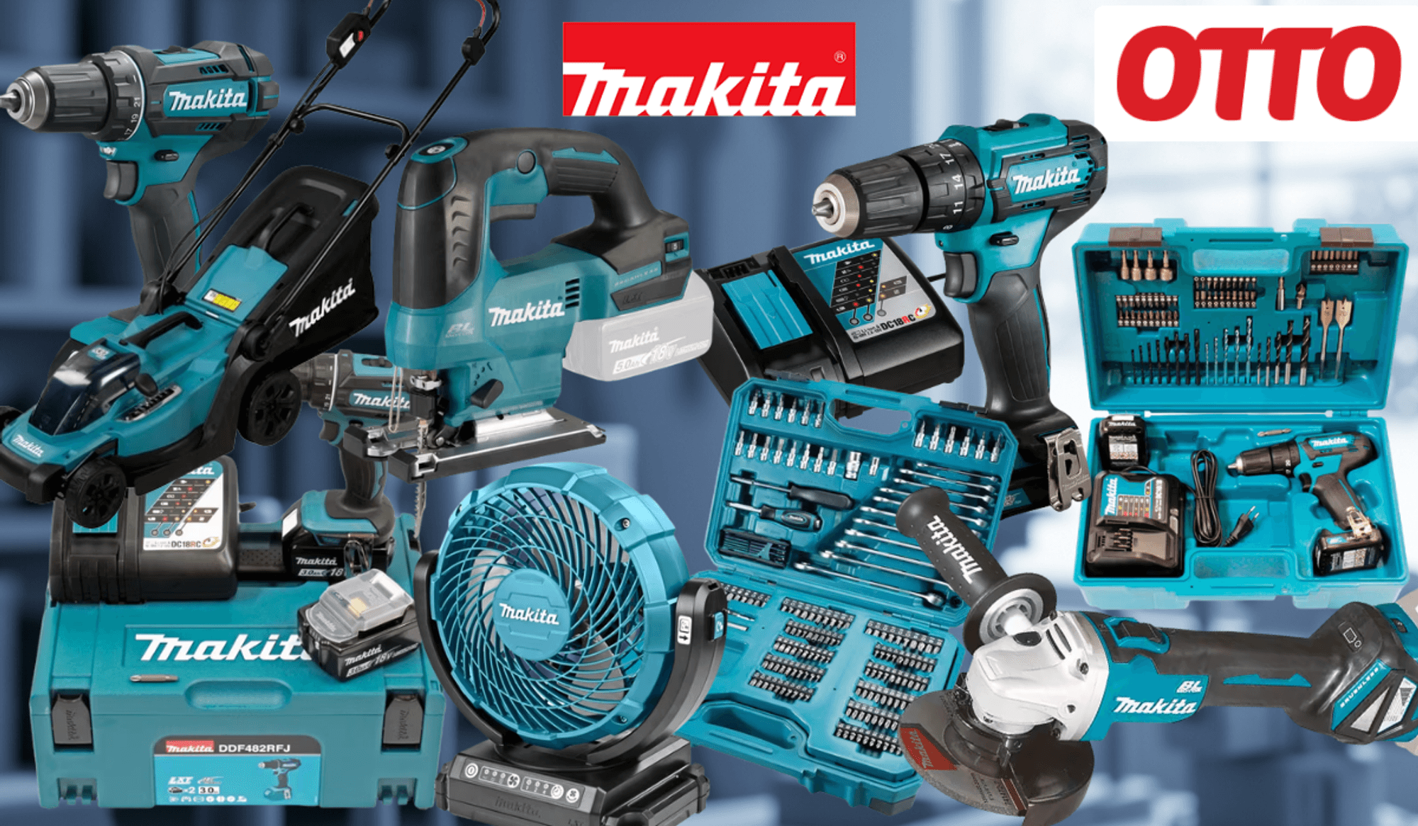 Collage verschiedener türkis-schwarzer Makita Werkzeuge und Zubehörsets (Akkubohrer, Schlagbohrmaschine, Stichsäge, Winkelschleifer, Bit- und Bohrer-Set, Akkus, Ladegerät sowie mehrere Makita Werkzeugkoffer) vor einem unscharfen industriellen Hintergrund. Links oben das rote OTTO-Logo und das türkise Makita-Logo. Rechts oben blauer Button mit der Aufschrift „Bis -60 % Rabatt zur UVP".
