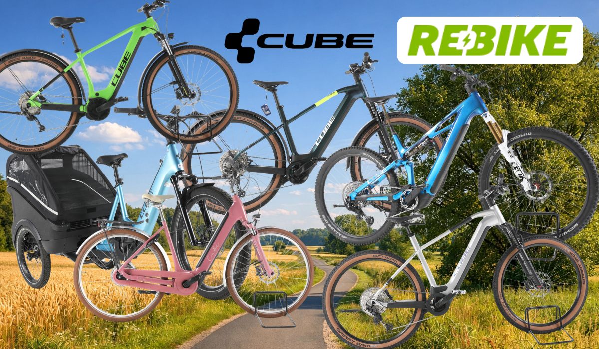 Cube E-Bike-Modelle vor einem Hintergrund einer Landstraße im Grünen vor einer Stadtsilhouette am sonnigen Tag.