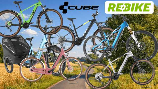 Cube E-Bike-Modelle vor einem Hintergrund einer Landstraße im Grünen vor einer Stadtsilhouette am sonnigen Tag.