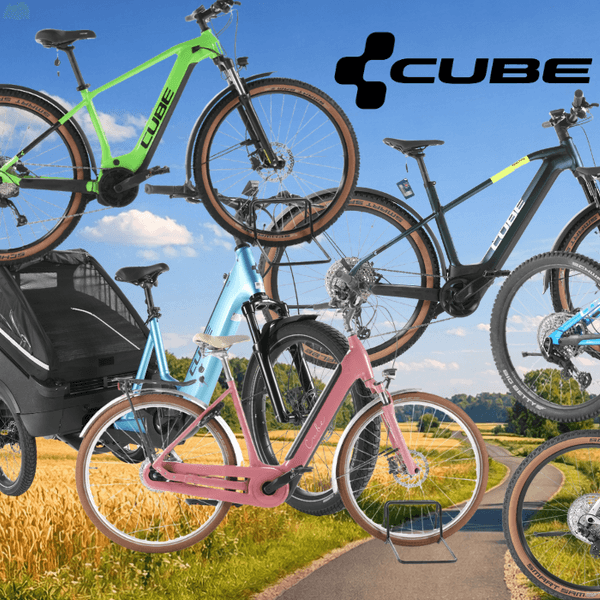 Cube E-Bike-Modelle vor einem Hintergrund einer Landstraße im Grünen vor einer Stadtsilhouette am sonnigen Tag.
