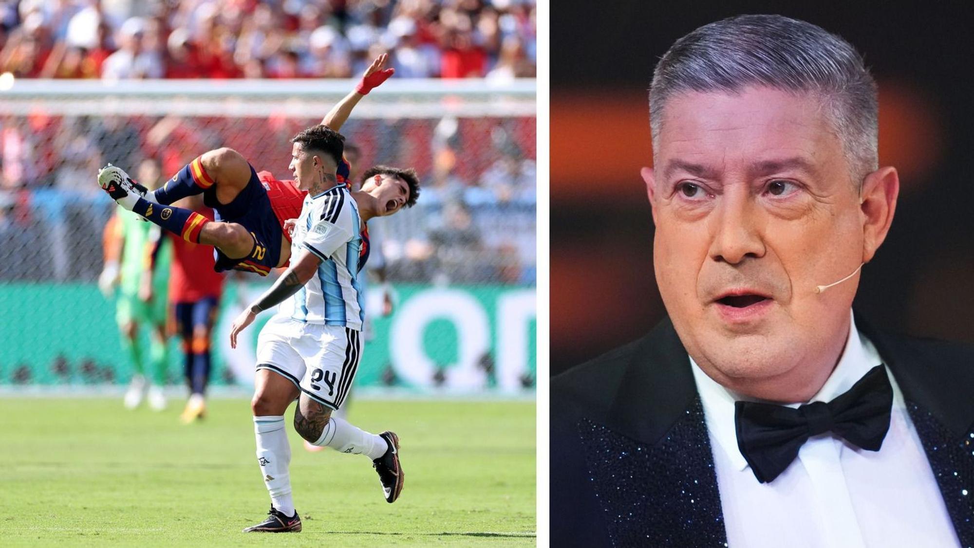 Argentinien (links: Enzo Fernandez gegen Spaniens Pau Cubarsí) ging im WM-Finale nicht zimperlich zu Werke. TV-Star Joachim Llambi (rechts) fand dafür deutliche Worte. (Bild: Getty Images / Barrena / Mullan (Collage))