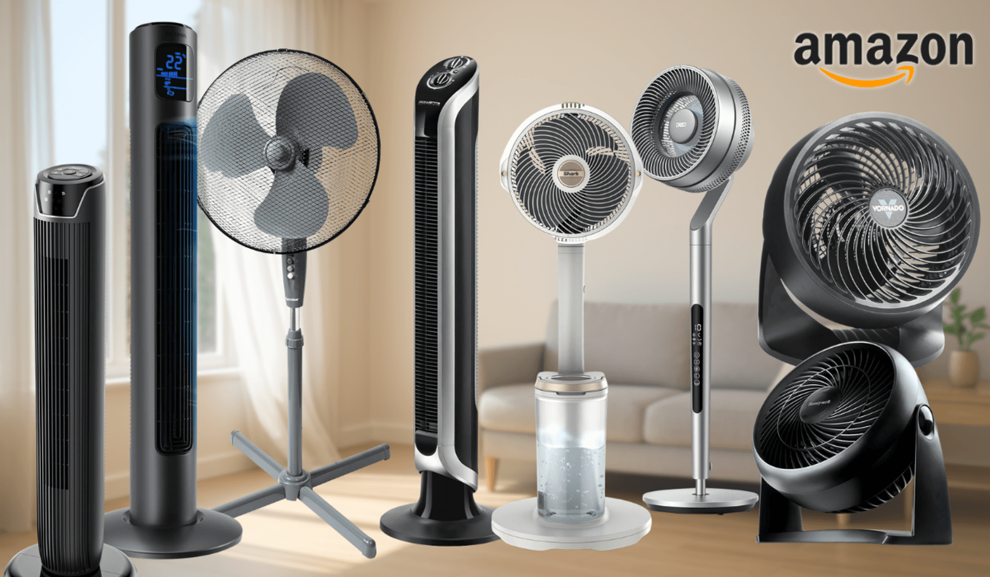 Collage verschiedener Ventilatoren unterschiedlicher Typen und Marken (Tischventilator Honeywell, schwarzer Turmventilator, klassischer Standventilator, Rowenta Turmventilator, Shark Standventilator, moderner Design-Ventilator mit Wassertank sowie ein Vornado Tischventilator) vor einem sommerlichen Balkon-Hintergrund mit warmem Stadtpanorama und einem sichtbaren Thermometer.