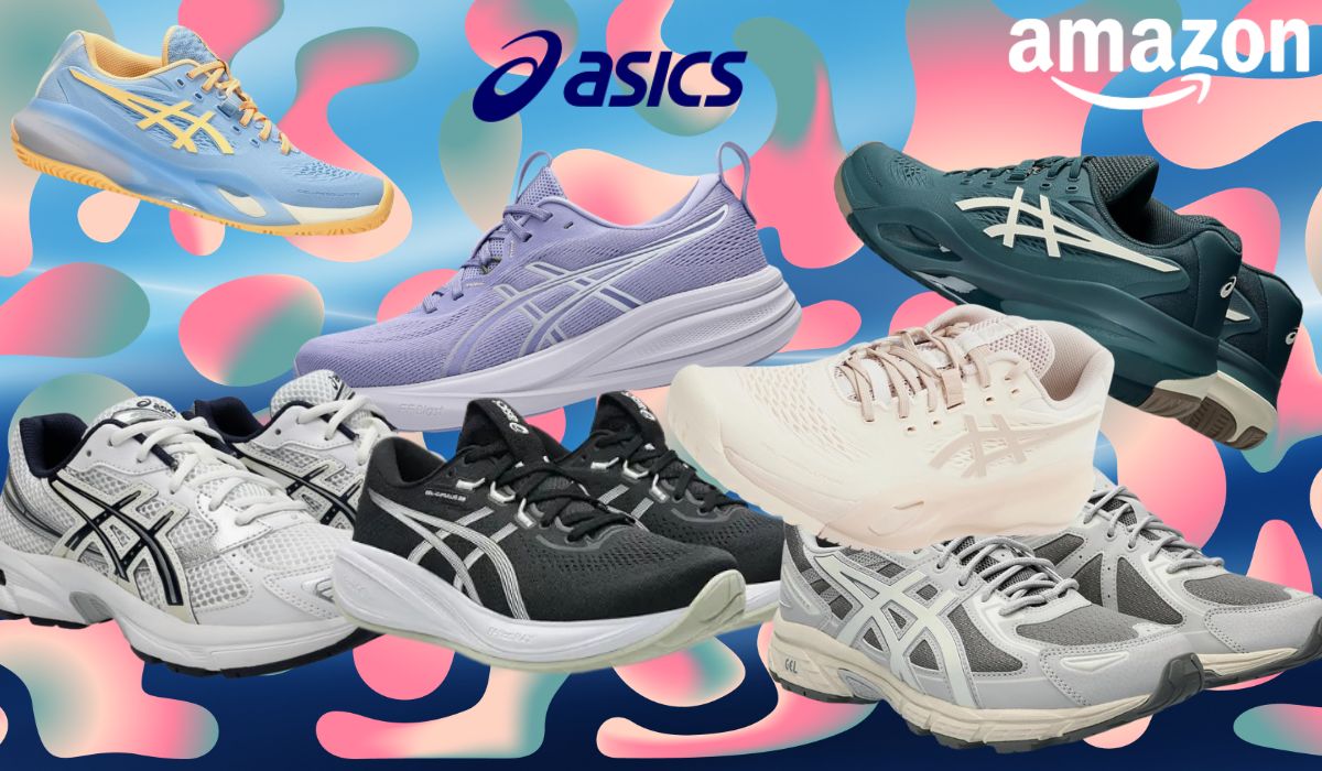 Eine Darstellung von 6 verschiedenen ASICS Modellen vor einem blauen Hintergrund.