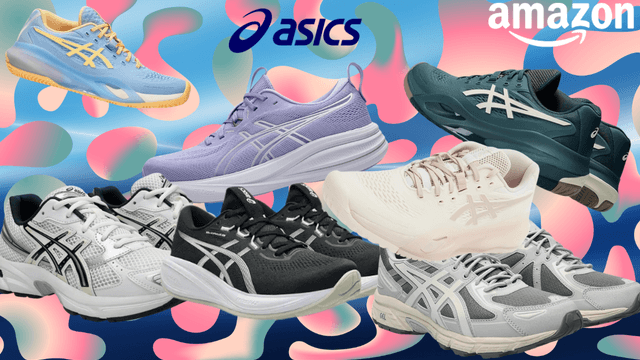 6 verschiedene ASICS Modellen vor einem blauen Hintergrund.