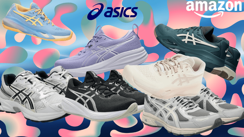 6 verschiedene ASICS Modellen vor einem blauen Hintergrund.
