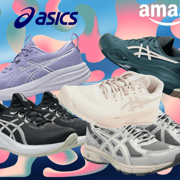 Eine Darstellung von 6 verschiedenen ASICS Modellen vor einem blauen Hintergrund.