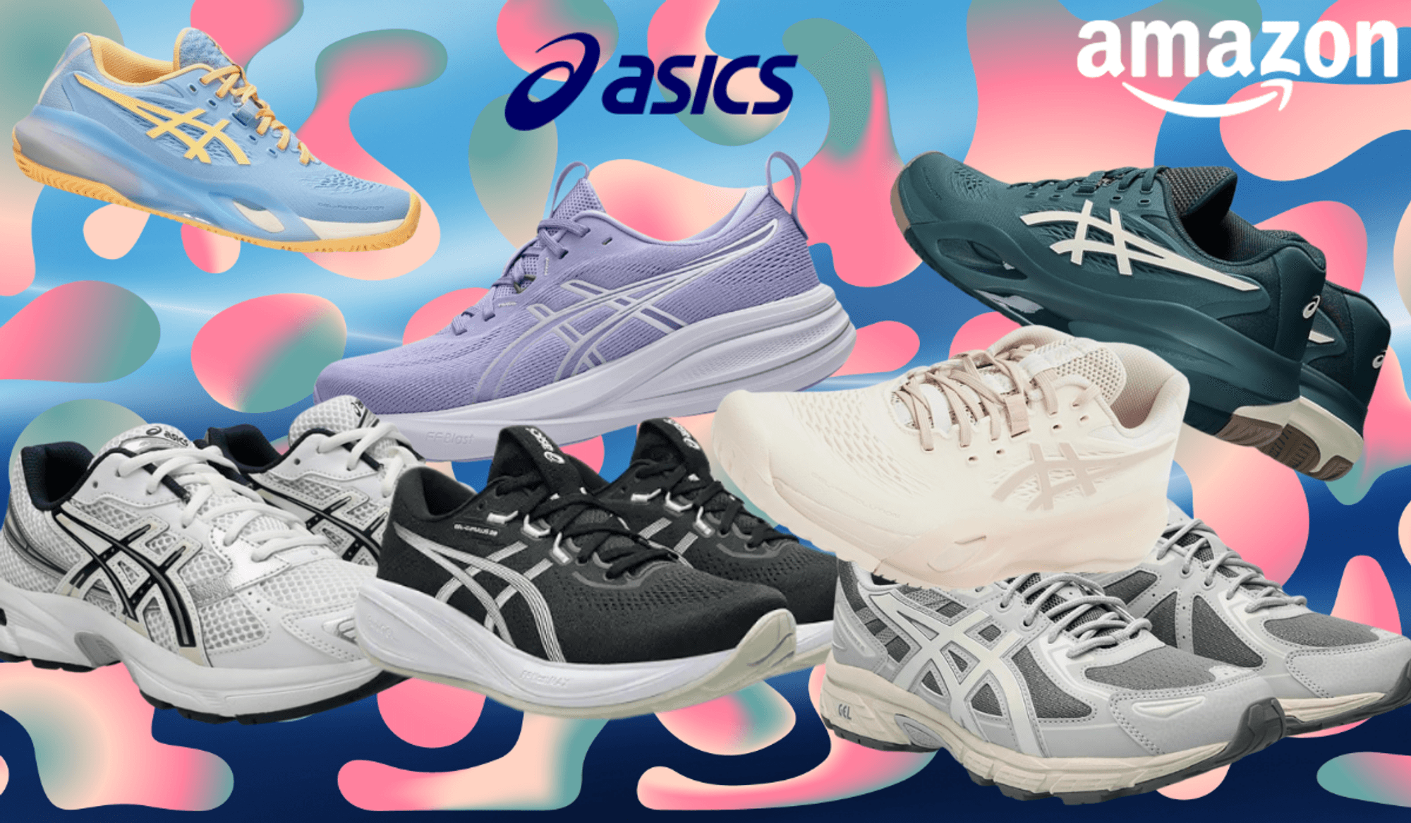 6 verschiedene ASICS Modellen vor einem blauen Hintergrund.