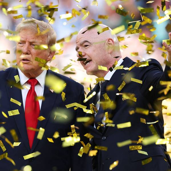 EAST RUTHERFORD, NEW JERSEY - JULY 19: U.S. President Donald Trump and FIFA President Gianni Infantino look on after presenting the FIFA World Cup Winner's Trophy to Spain during the FIFA World Cup 2026 Final match between Spain and Argentina at New York New Jersey Stadium on July 19, 2026 in East Rutherford, New Jersey. Carl Recine/Getty Images/AFP (Photo by Carl Recine / GETTY IMAGES NORTH AMERICA / Getty Images via AFP)