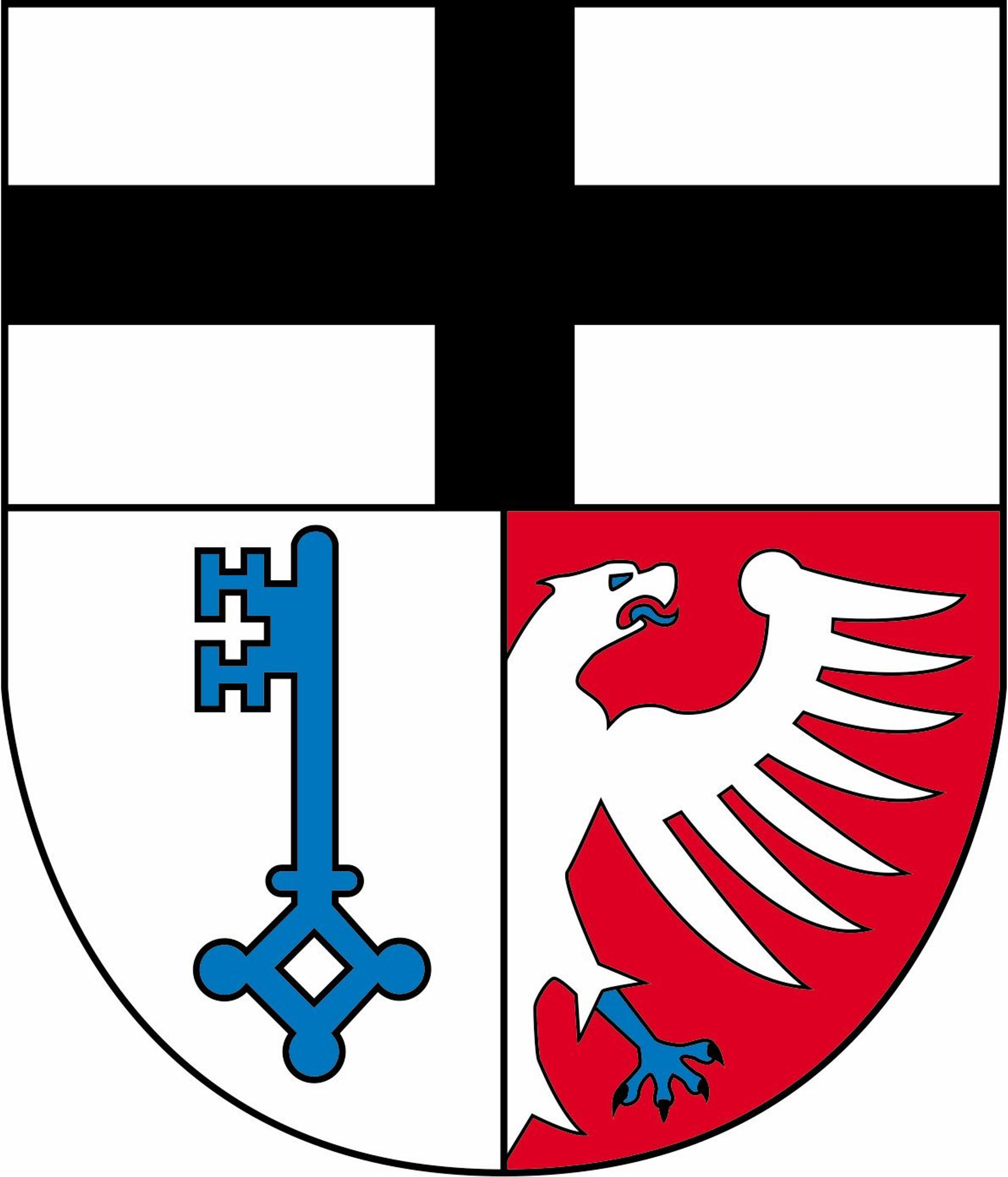 Das dreigeteilte Wappen der Stadt Rheinbach beinhaltet auf der oberen Hälfte ein kurfürstliches Kreuz, darunter sind ein Schlüssel und ein Adler auf der nochmals getrennten unteren Hälfte.