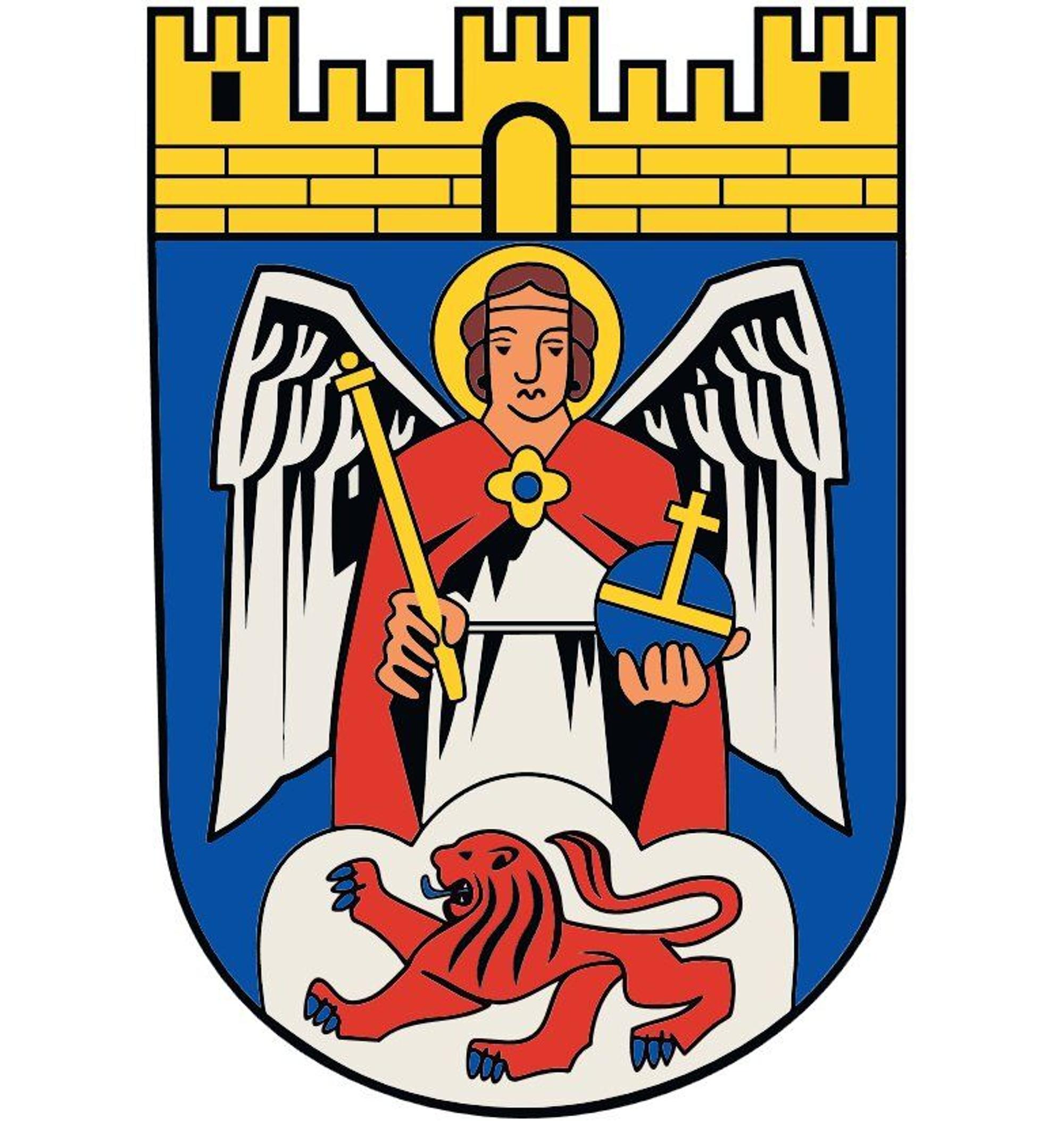 Über dem Engel auf dem Wappen der Stadt Siegburg befindet sich eine Burg mit drei Türmen. Unter dem Engel ist ein Bergischer Löwe.