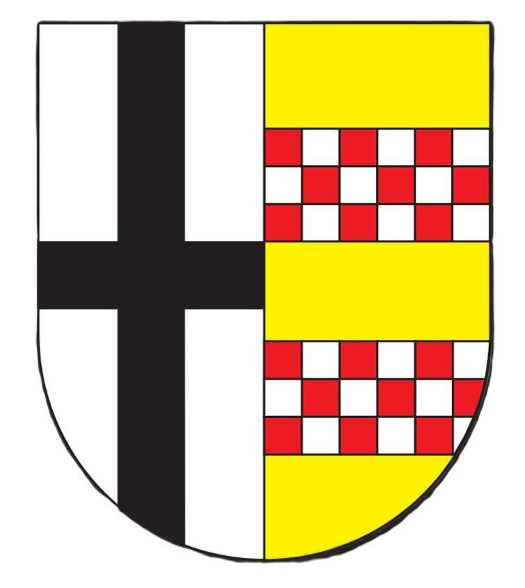 Das vertikal geteilte Wappen der Gemeinde Swisttal hat links ein Kurfürstenkreuz und rechts zwei Balken mit Schachbrettmustern.