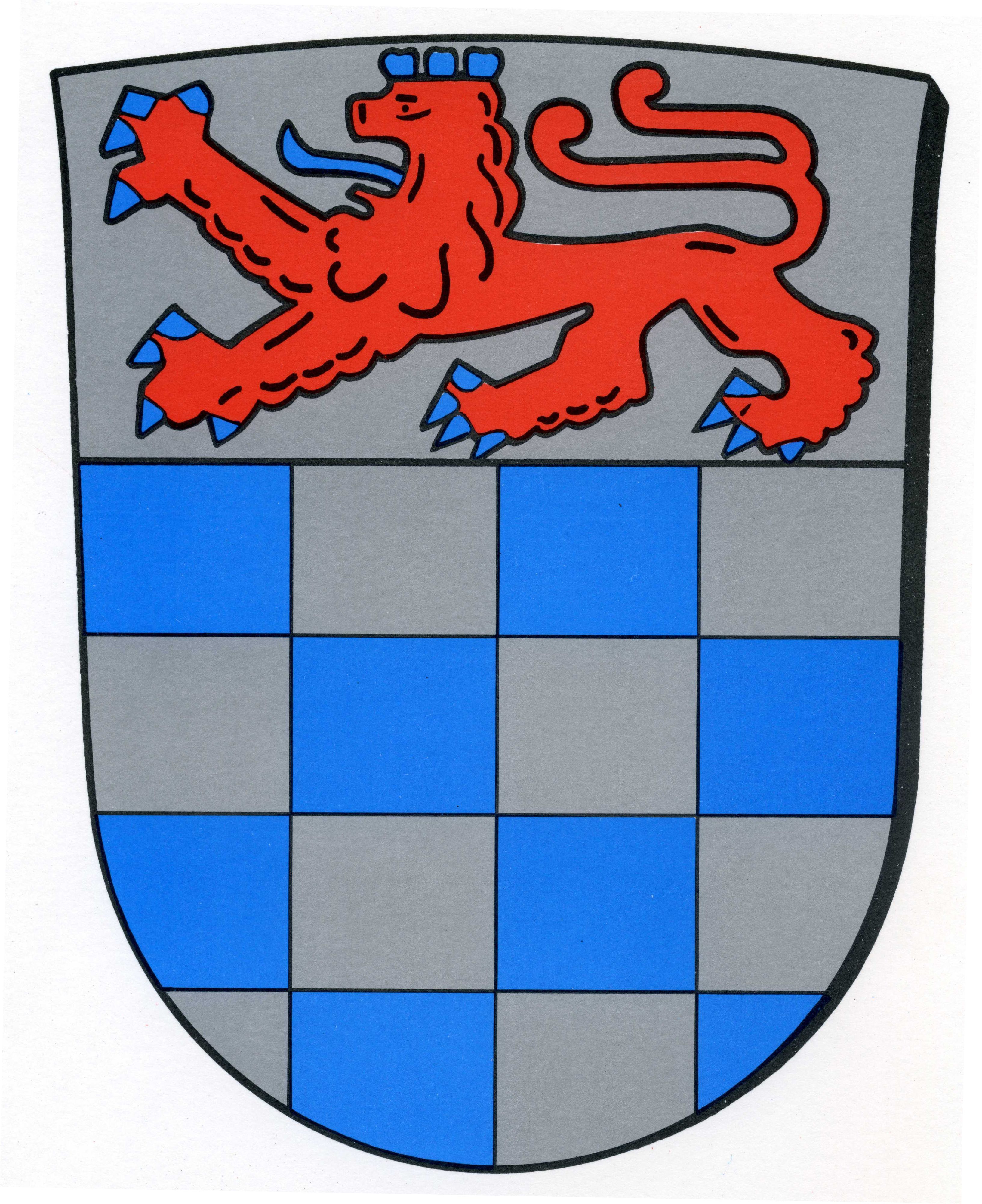 Oberhalb eines Schachmusters ist ein Bergischer Löwe auf dem Wappen der Stadt Sankt Augustin positioniert.