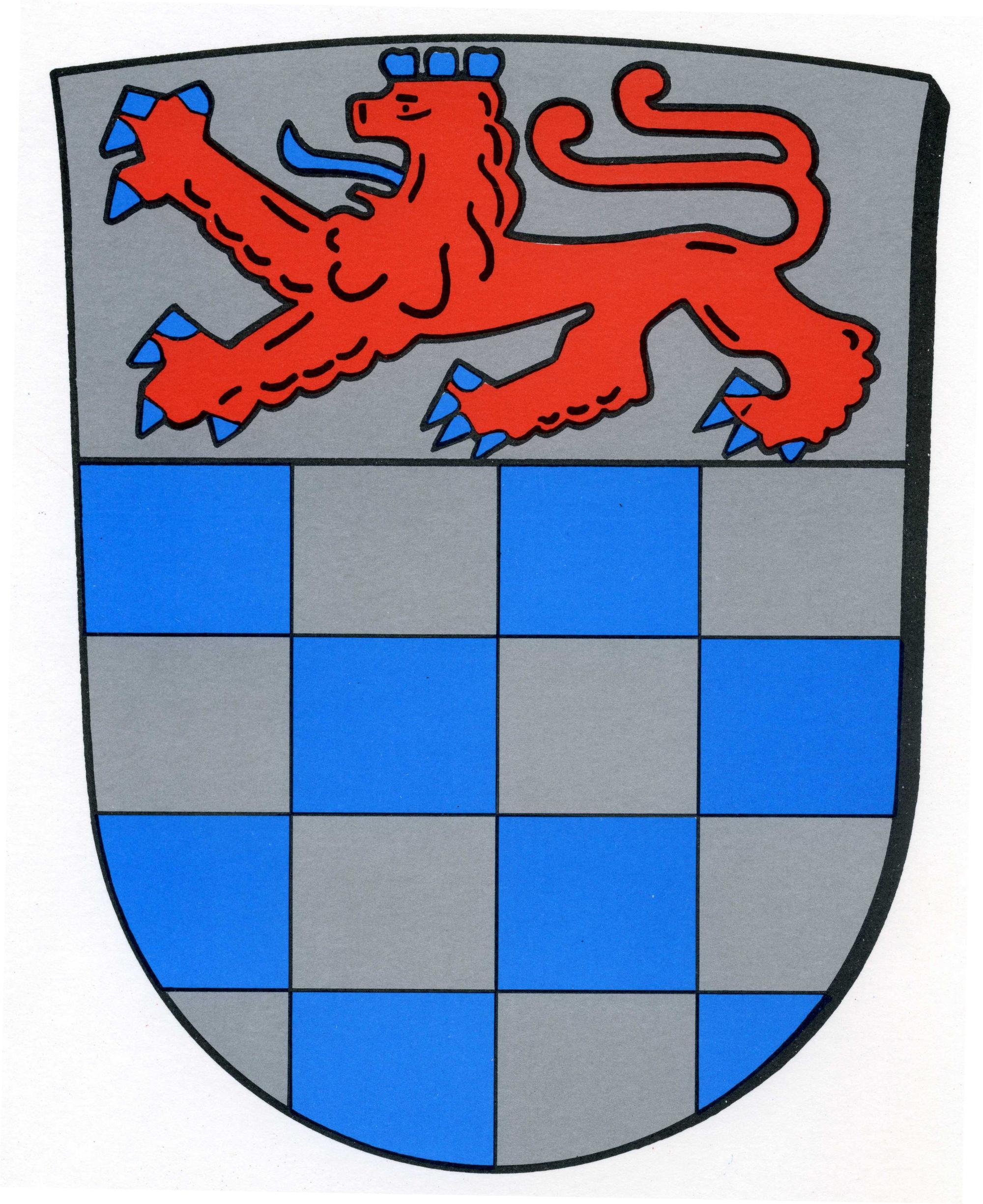 Oberhalb eines Schachmusters ist ein Bergischer Löwe auf dem Wappen der Stadt Sankt Augustin positioniert.