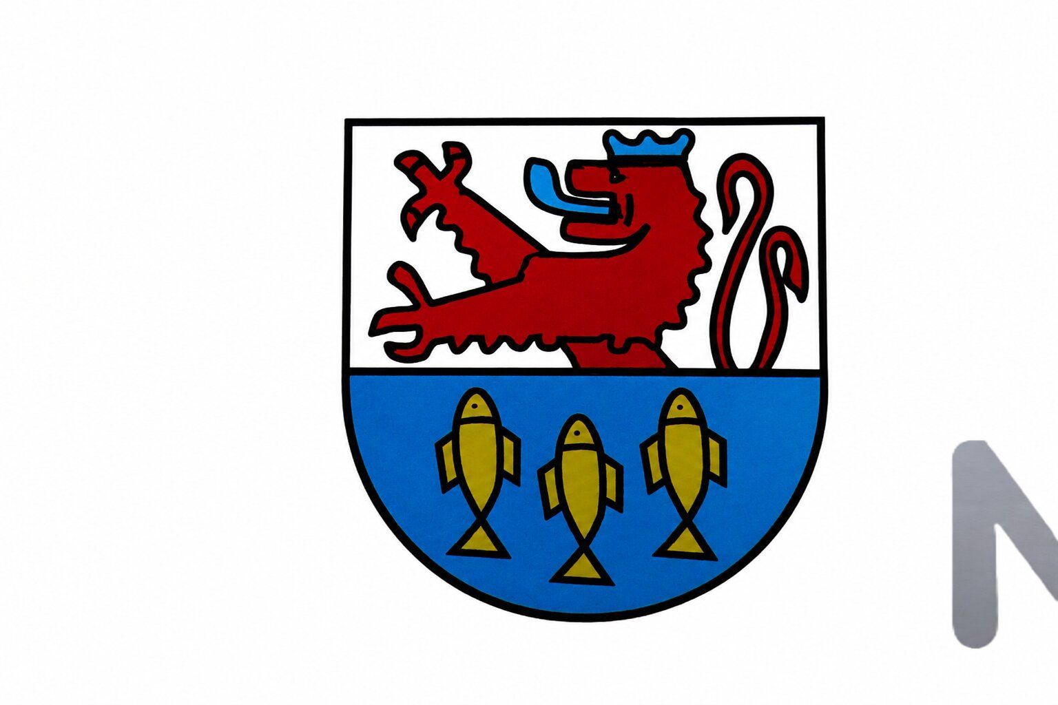 Oben ein Bergischer Löwe und unten drei goldene Fische zeigt das Wappen der Gemeinde Neunkirchen-Seelscheid.