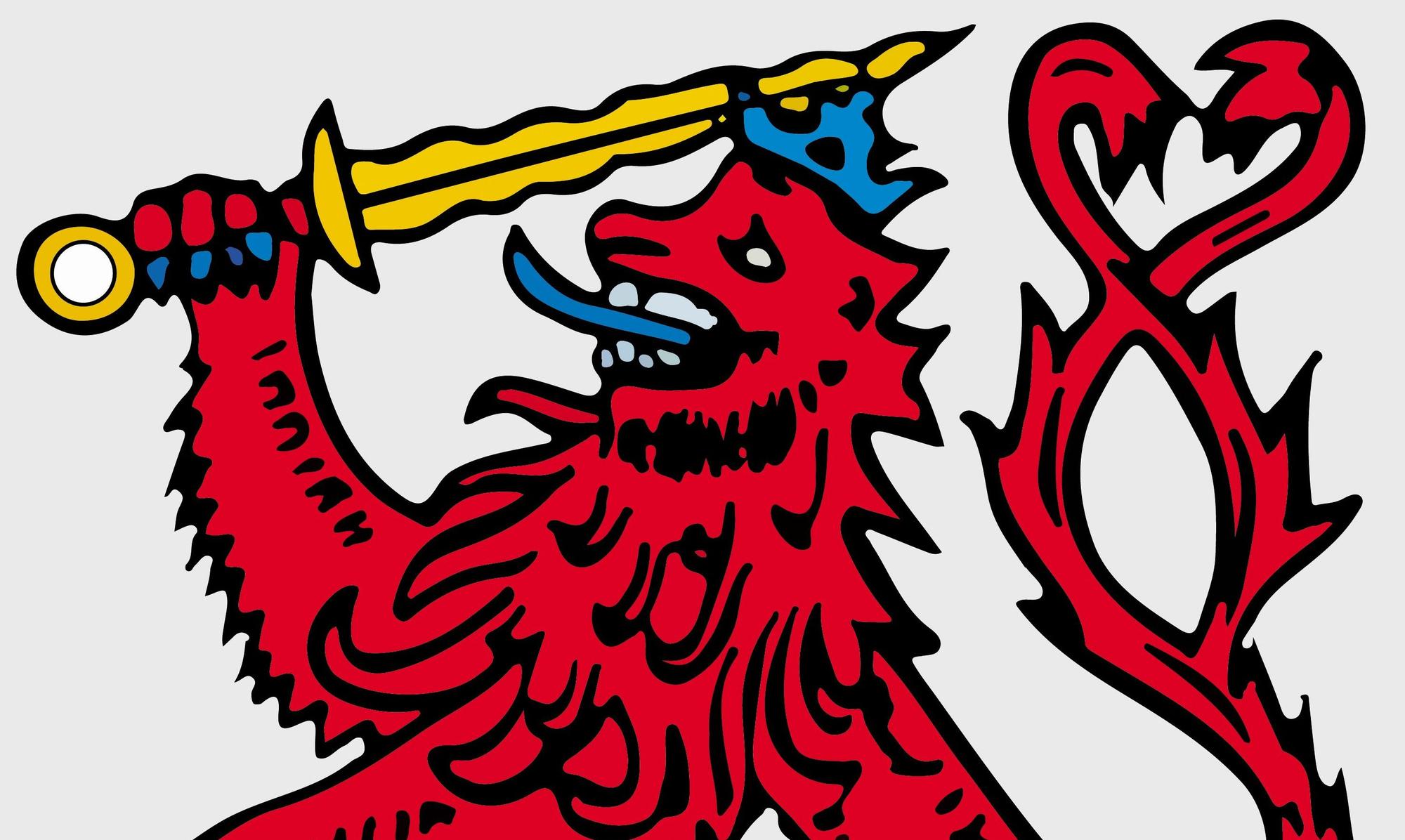 Auf dem Wappen des Rhein-Sieg-Kreises ist der Bergische Löwe zu sehen, der ein flammendes Schwert in einer Pranke hält.