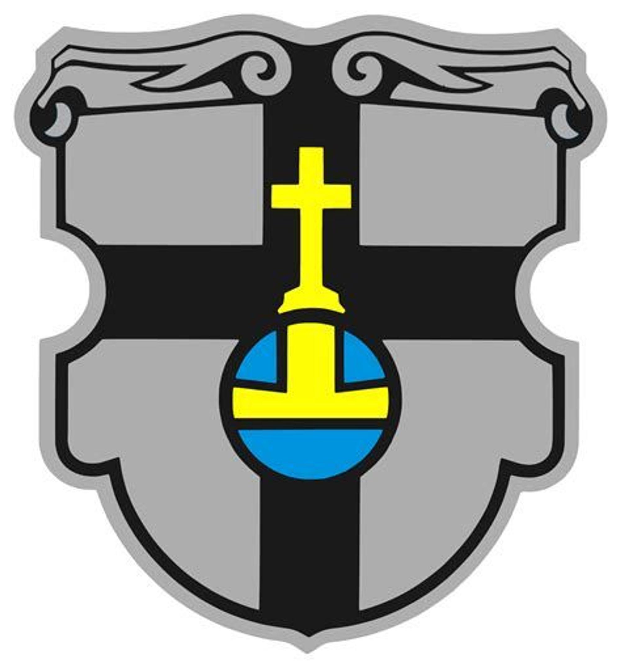 Auf dem Wappen der Stadt Meckenheim ist ein blauer Reichsapfel mit goldenem Kreuz abgebildet.
