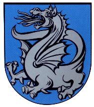 Ein silberner Drache spuckt auf dem Wappen der Gemeinde Wachtberg Feuer.