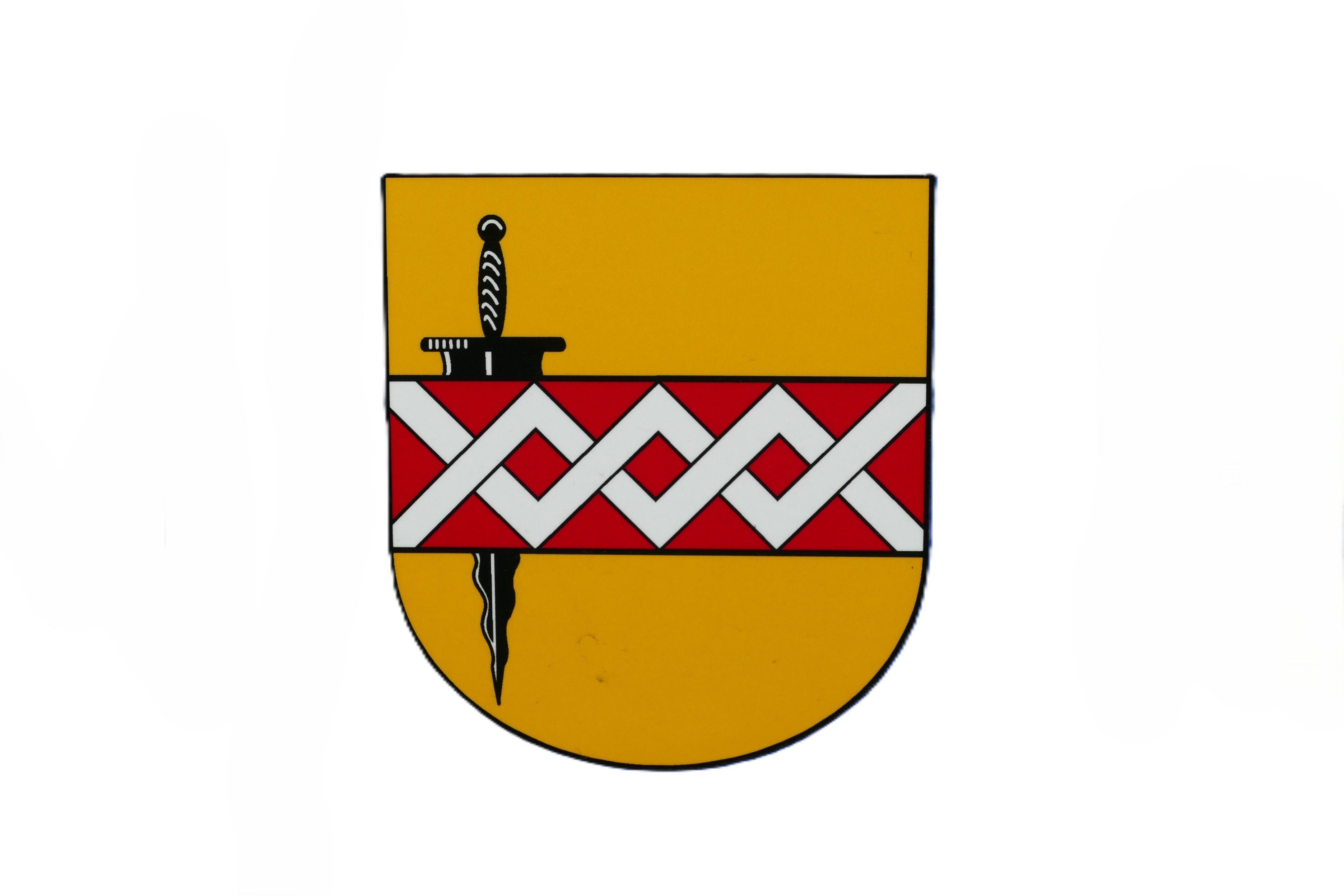 Ein schwarzes Flammenschwert wird auf dem Wappen der Stadt Bornheim von einem weißen Gitter auf einem roten Balken überdeckt.