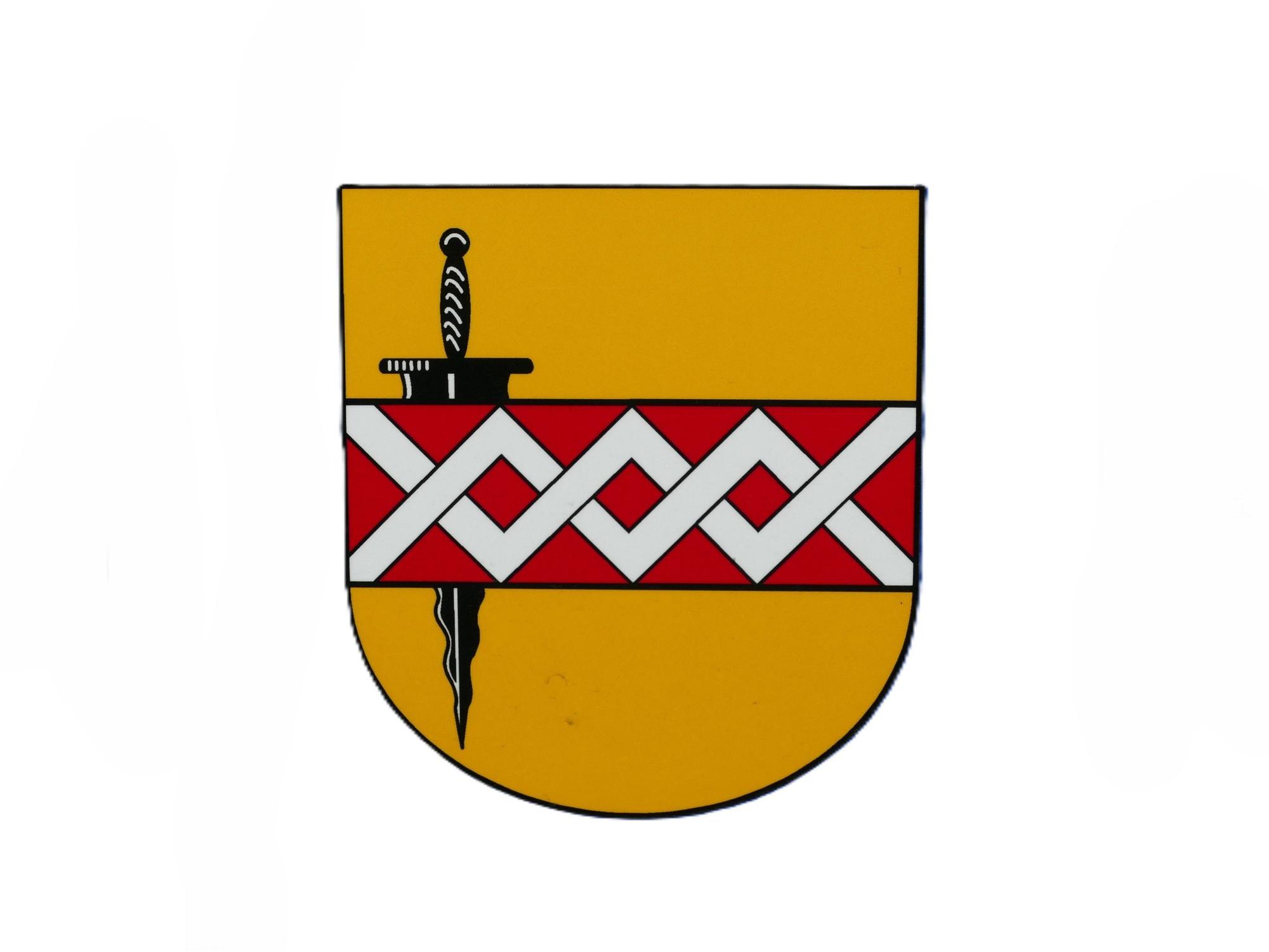 Ein schwarzes Flammenschwert wird auf dem Wappen der Stadt Bornheim von einem weißen Gitter auf einem roten Balken überdeckt.