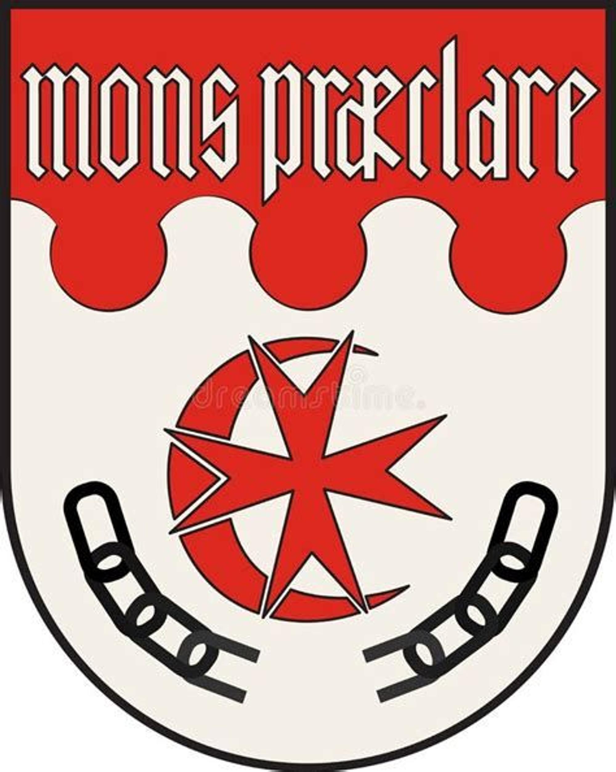 Auf dem Wappen der Gemeinde Ruppichteroth steht „mons praeclare“ (übersetzt „Oh, du schöner Berg“) darunter sind ein Halbmond mit einem Johanniterkreuz und gesprengte Ketten zu sehen.