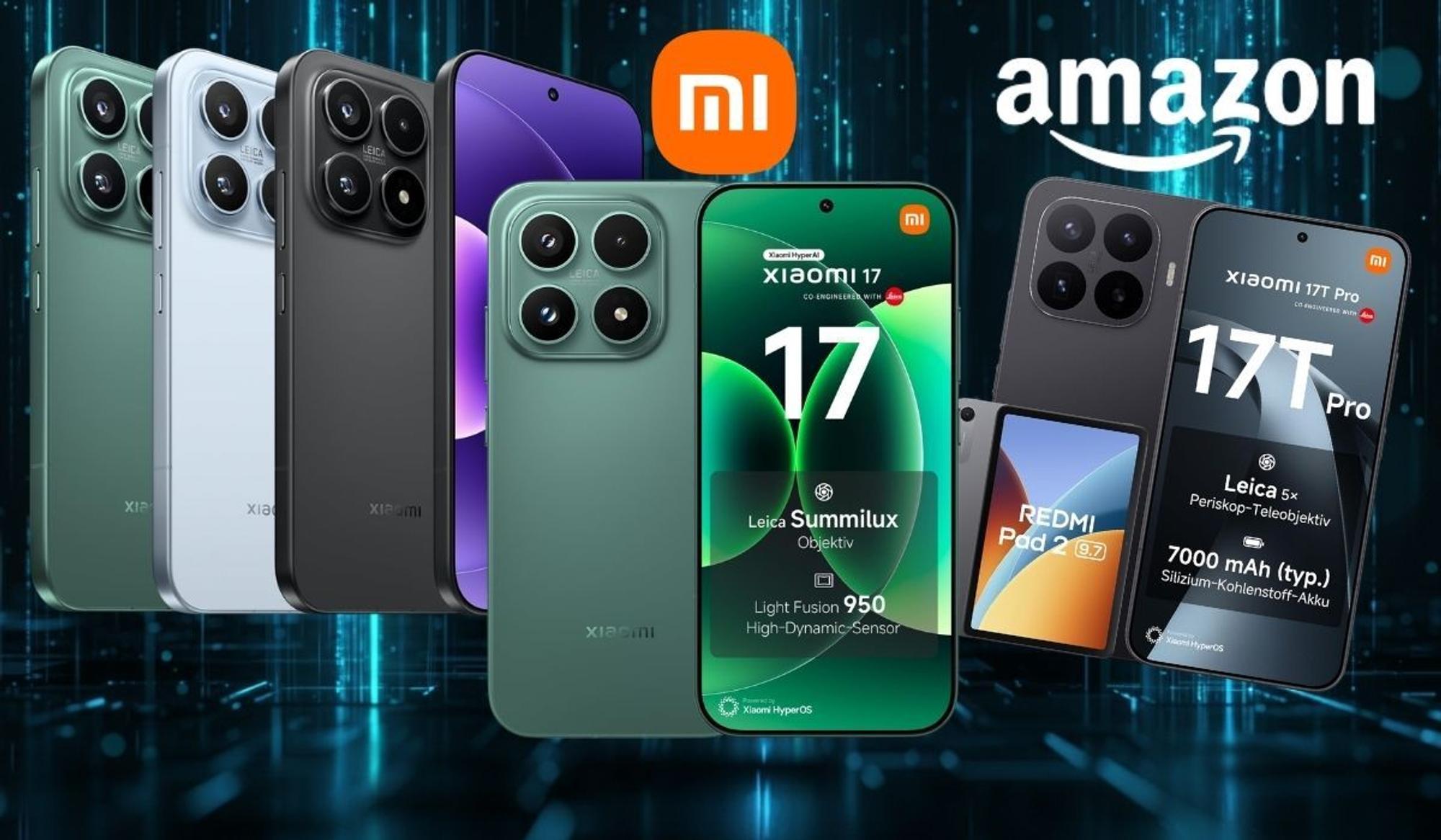 Xiaomi 17 und Xiaomi 17T Pro Smartphones mit Amazon-Logo vor dunklem, digitalem Hintergrund; zusätzlich ein Redmi Pad 2 Tablet im Bild.