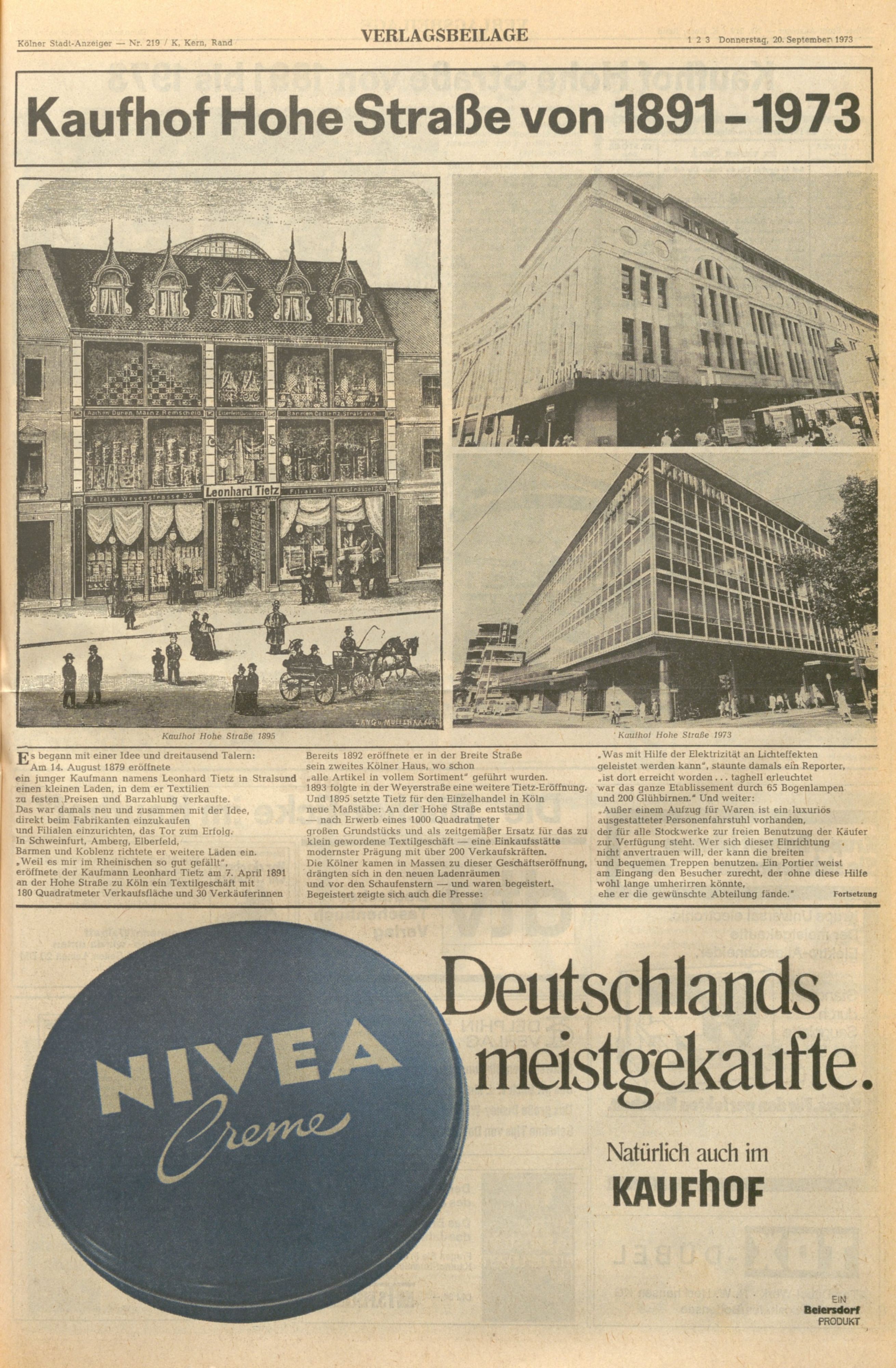 Zeitungsausriss: In einer Verlagsbeilage des Kölner Stadt-Anzeiger wurde die Geschichte des Kaufhofs dargestellt.