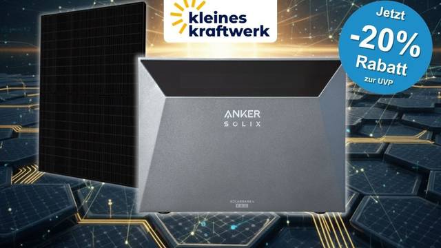 Anker SOLIX Solarbank 4 Pro Solarspeicher neben einem Solarmodul vor einem futuristischen Solarfeld, Logo von Kleines Kraftwerk, Hinweis auf 20 Prozent Rabatt zur UVP.